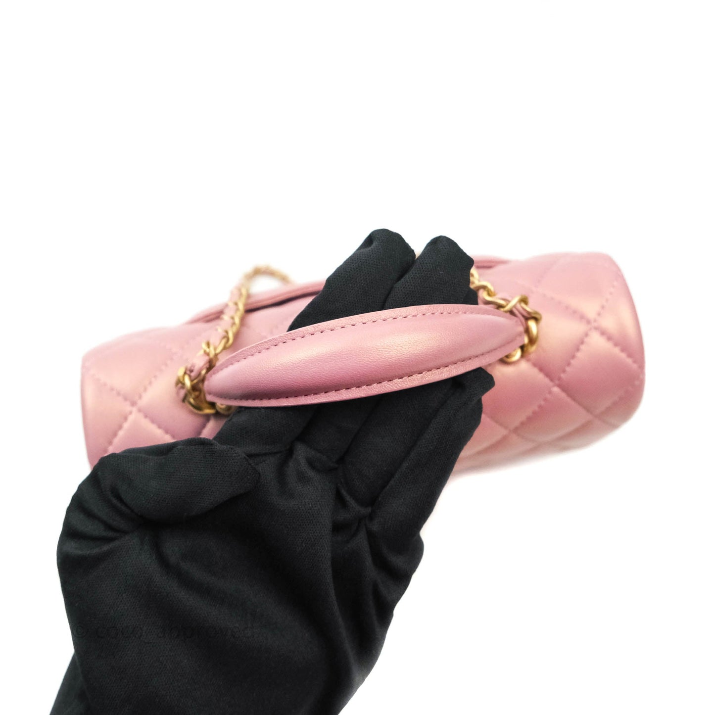 Chanel Top Handle Mini Rectangular Flap Bag Iridescent Dark Pink Lambskin Aged Gold Hardware
