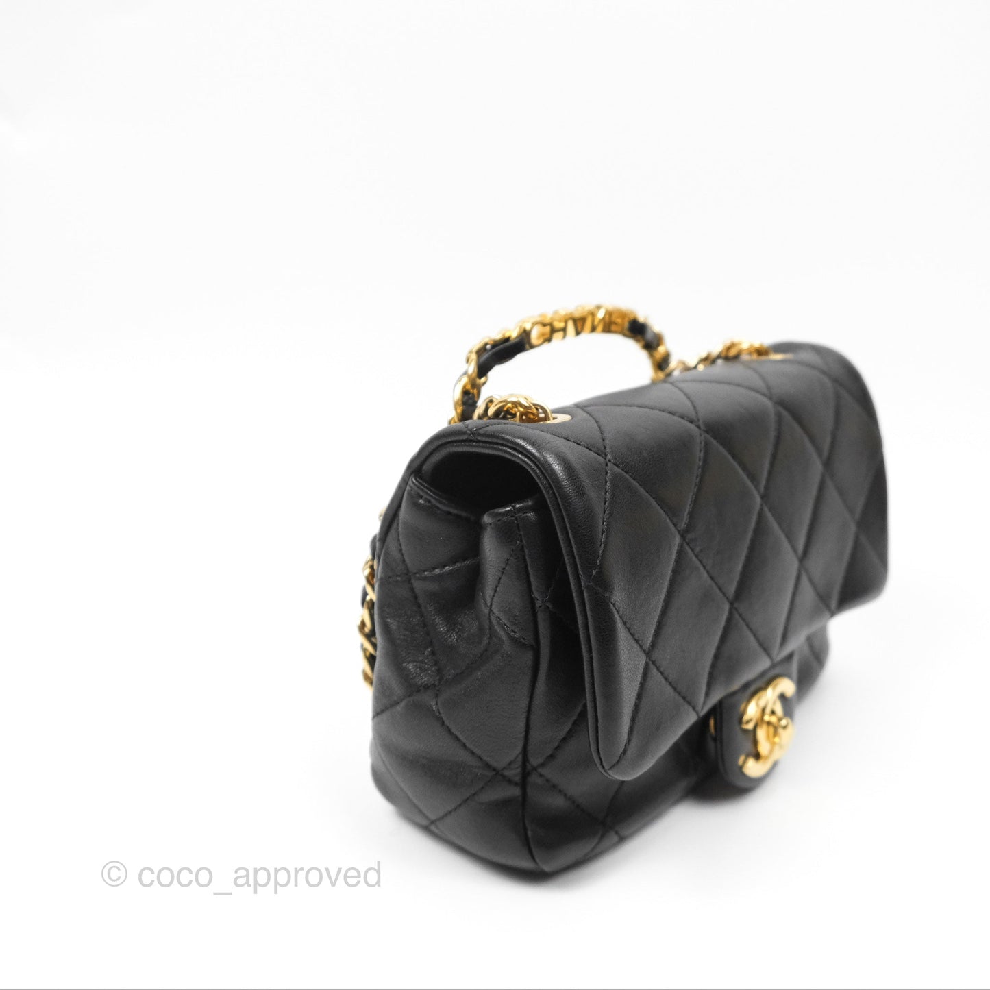 Chanel Mini Top Handle Flap Black Lambskin Aged Gold Hardware