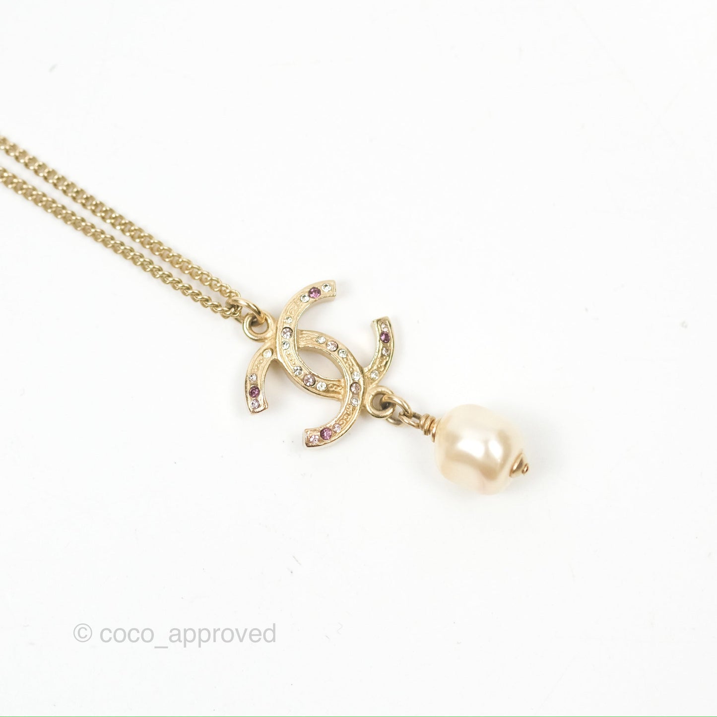 Chanel CC Crystal Pearl Drop Pendant Necklace Gold Tone 12A