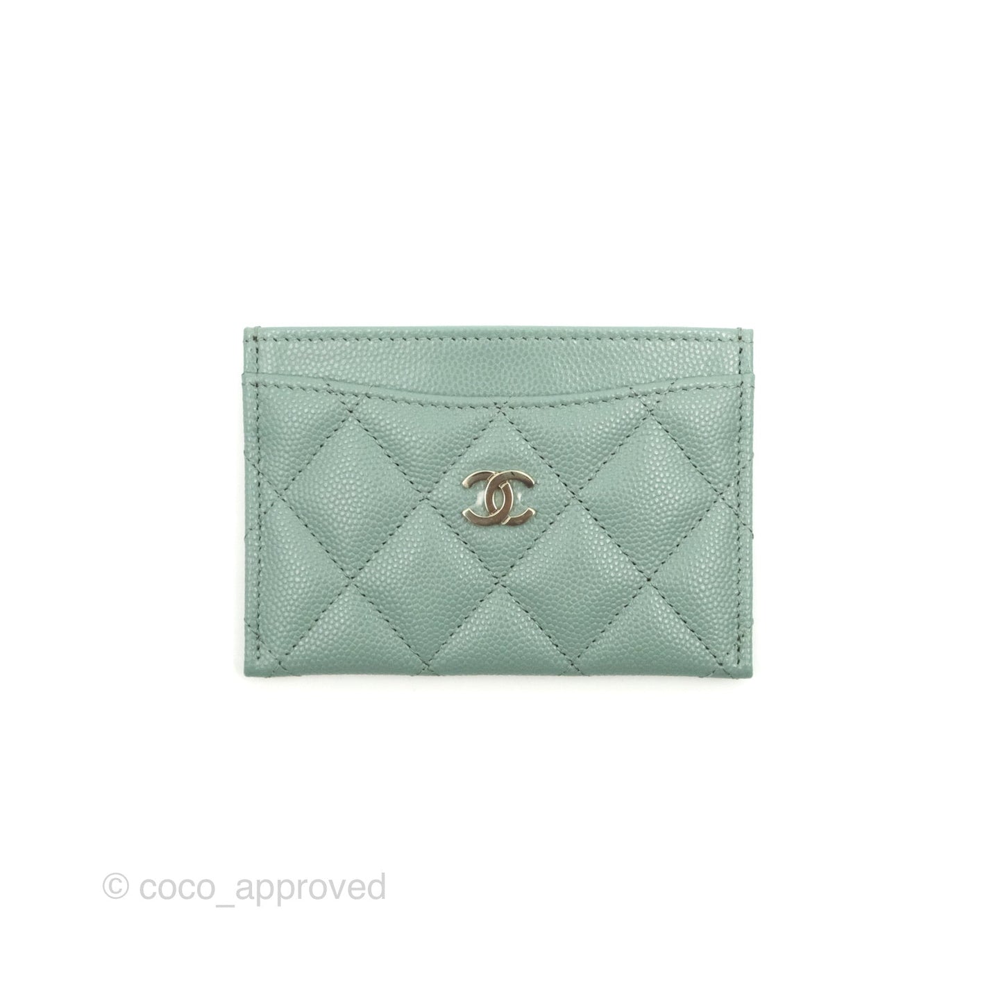Chanel Classic Flat Card Holder Blue Tiffany Green Caviar Gold Hardware