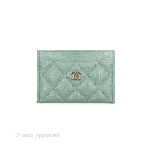 Chanel Classic Flat Card Holder Blue Tiffany Green Caviar Gold Hardware