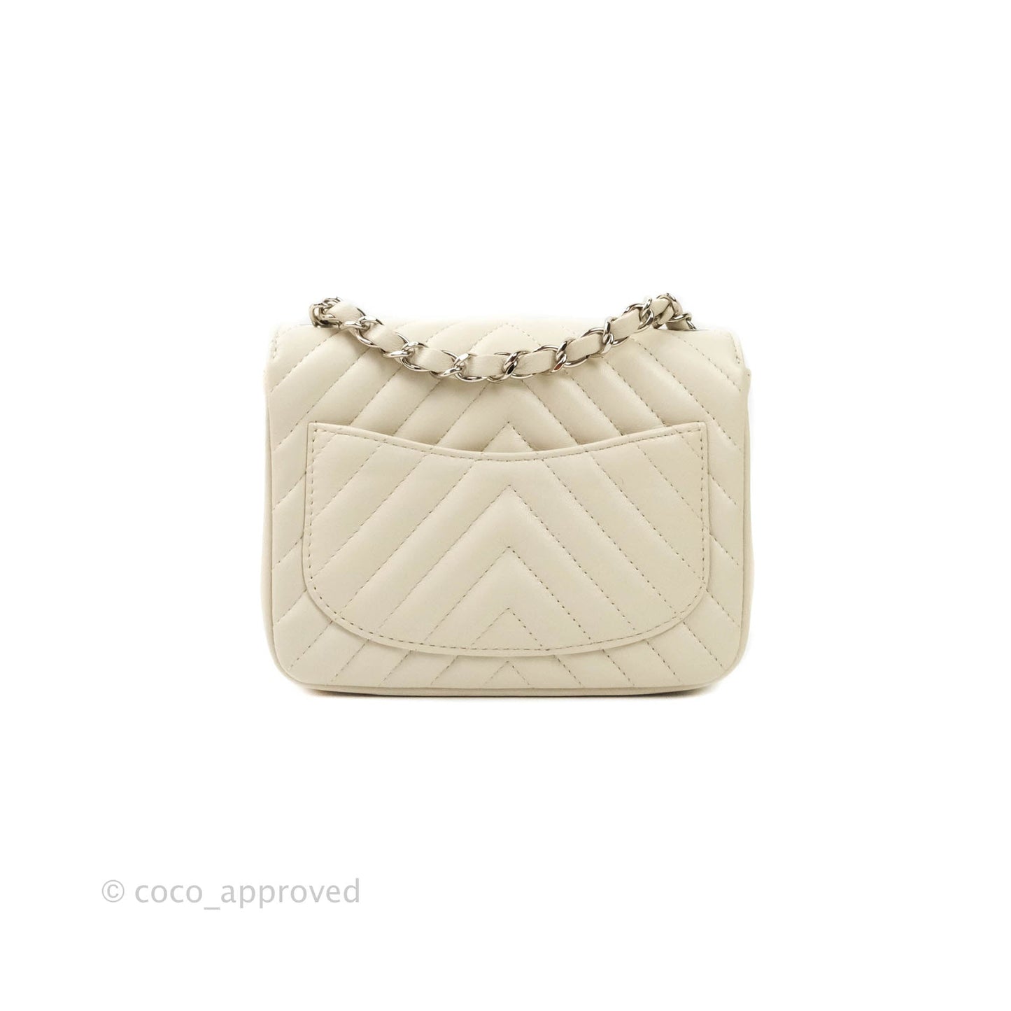 Chanel Mini Square Chevron White Ivory Lambskin Silver Hardware