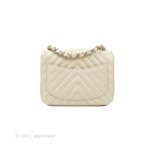 Chanel Mini Square Chevron White Ivory Lambskin Silver Hardware
