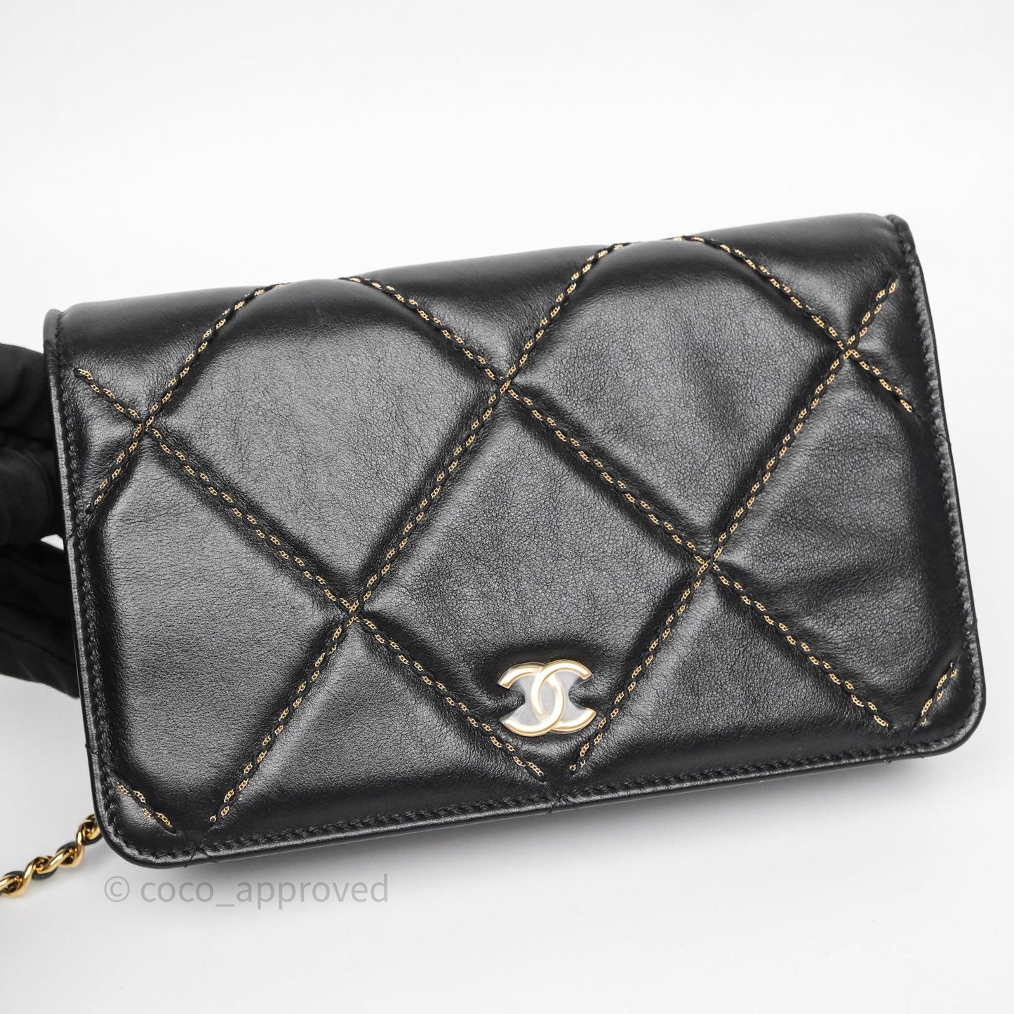 Chanel Quilted Wallet on Chain WOC Stitching Black Calfskin Gold Hardware