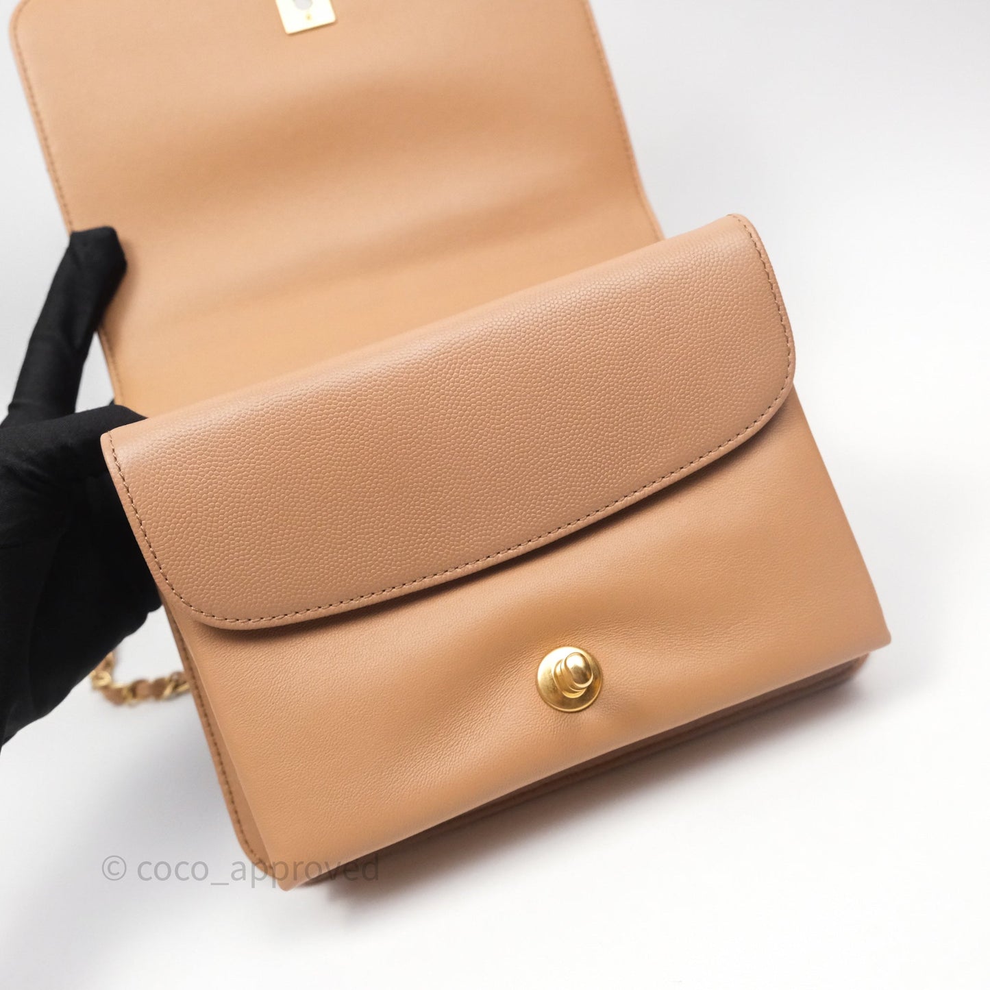 Chanel Quilted Accordion Flap Bag with Handle Beige Caviar Aged Gold Hardware 23B