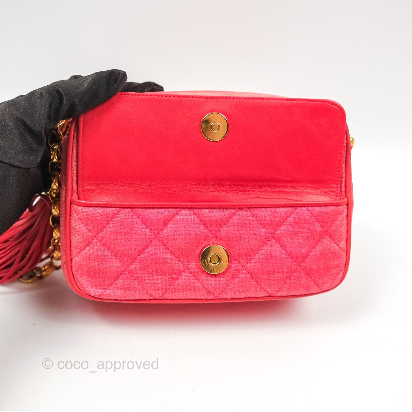 Chanel Vintage Small Tassel Camera Bag Dark Pink Canvas Gold Hardware