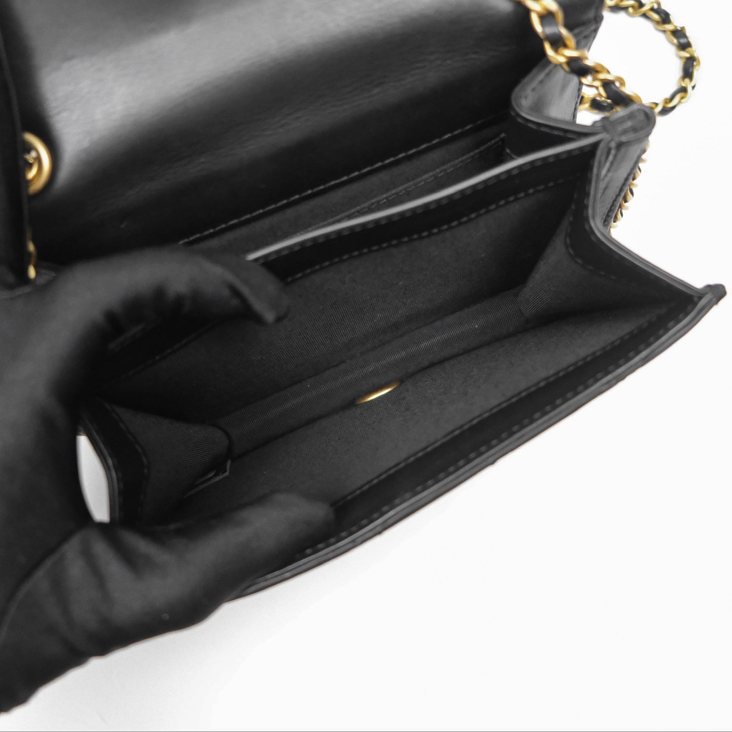 Chanel Quilted Side Chain Flap Bag Black Calfskin Aged Gold Hardware