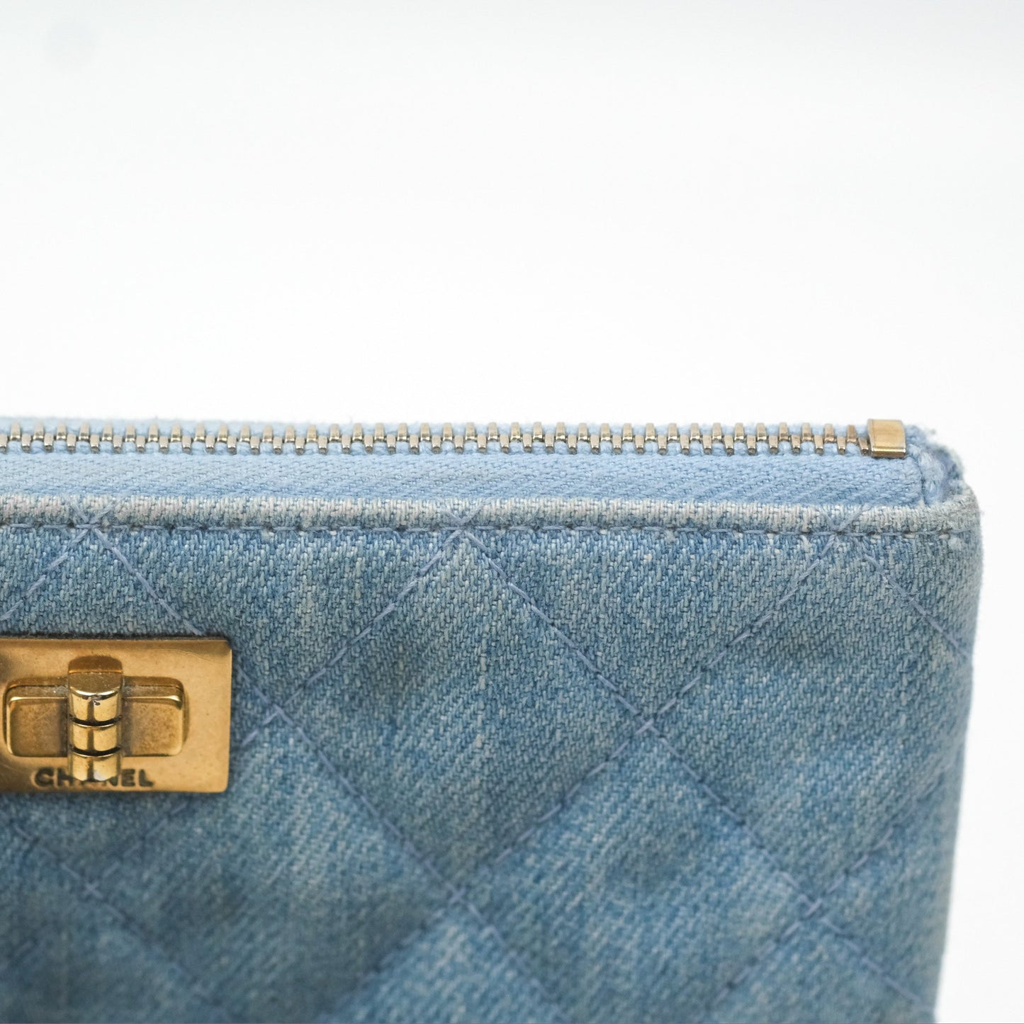 Chanel Mini Reissue O Case Quilted Light Blue Denim Aged Gold Hardware