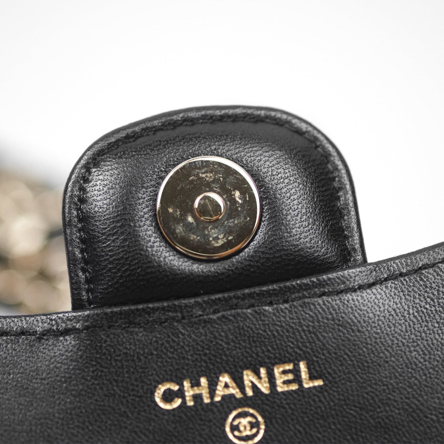 Chanel Mini Handle Flap Coin Purse With Chain Black Lambskin Gold Hardware
