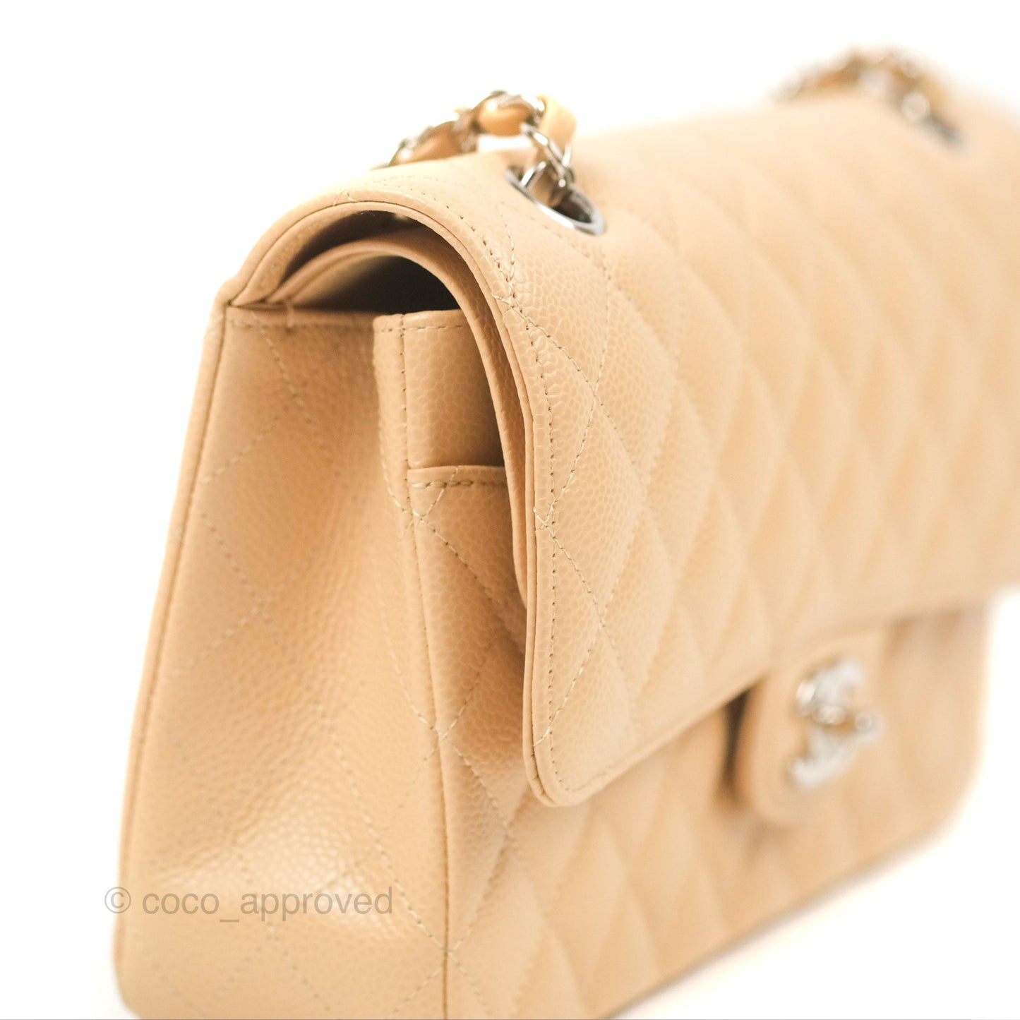 Chanel Classic M/L Medium Flap Quilted Beige Caviar Silver Hardware