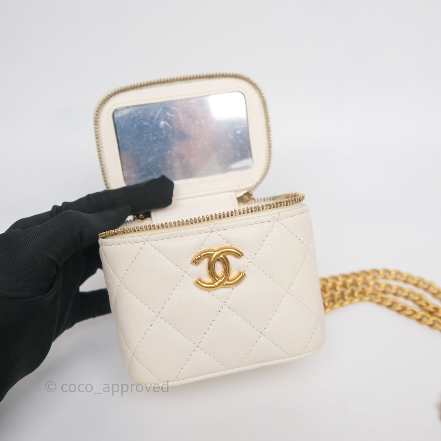Chanel Heart Crush Mini Vanity With Chain White Caviar Aged Gold Hardware