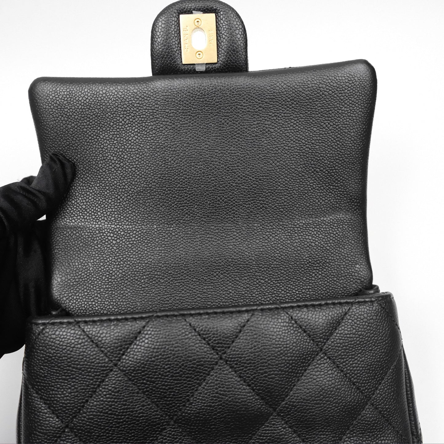 Chanel Mini Flap Bag Heart Adjustable Chain Black Caviar Aged Gold Hardware