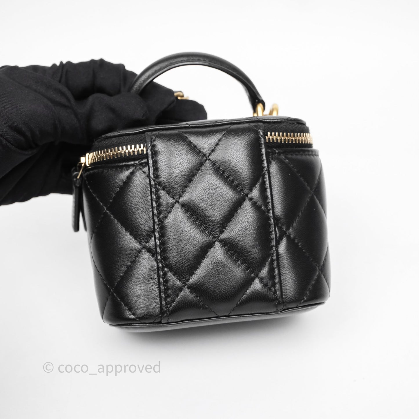 Chanel Mini Top Handle Vanity With Chain Black Lambskin Aged Gold Hardware