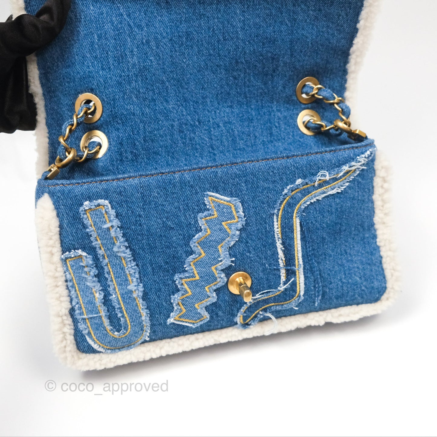 Chanel Medium Denim Shearling Hieroglyph Flap Bag Aged Gold Hardware