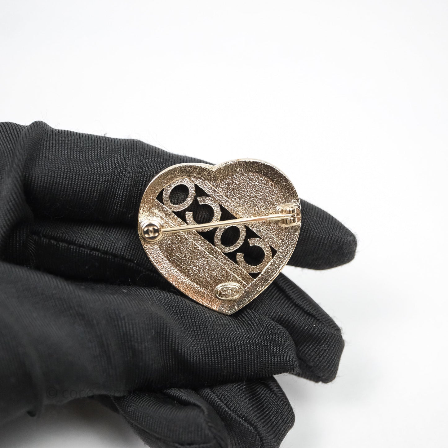 Chanel Coco Logo Crystals Heart Brooch Gold Tone 23B