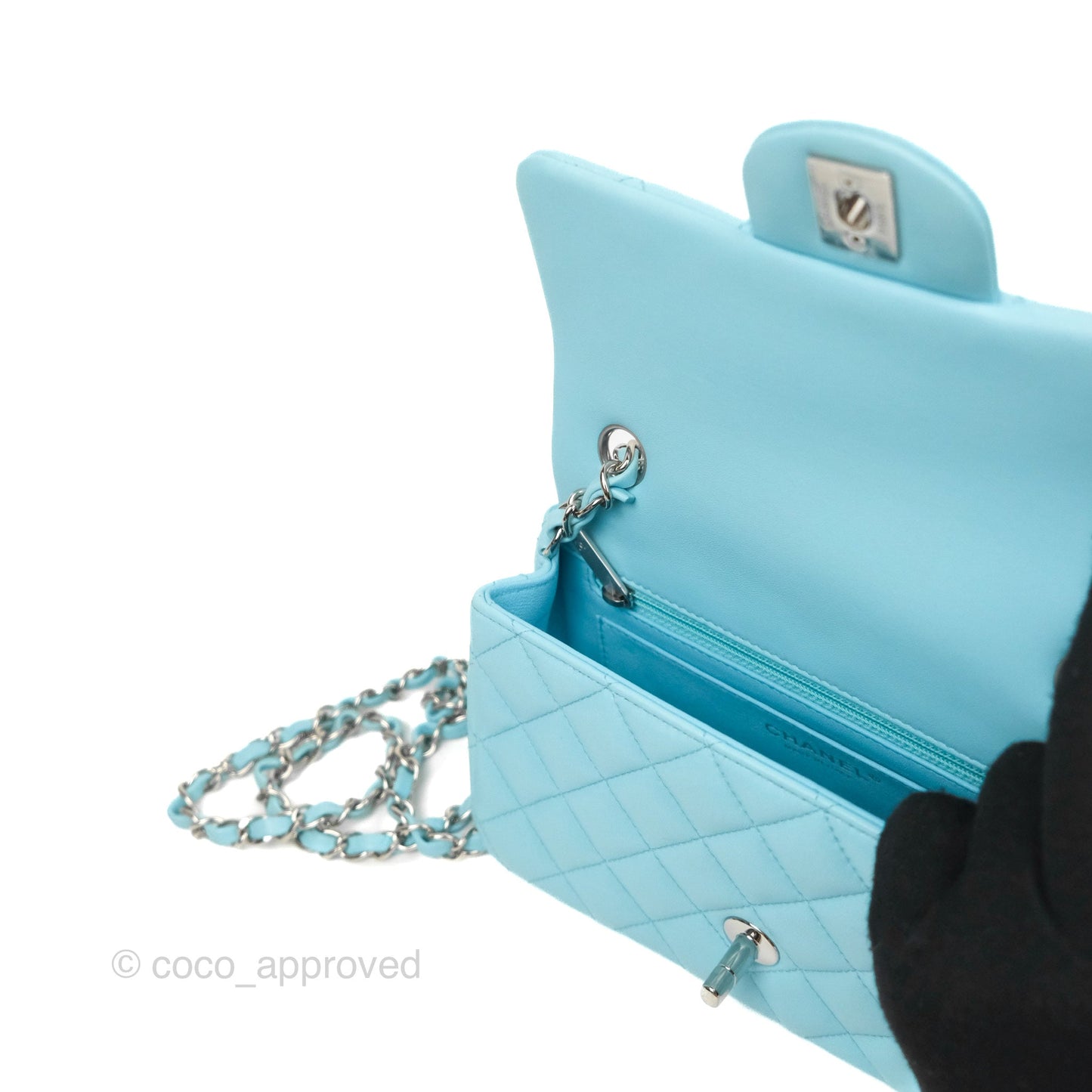 Chanel Quilted Mini Rectangular Flap Neon Blue Lambskin Silver Hardware 21S