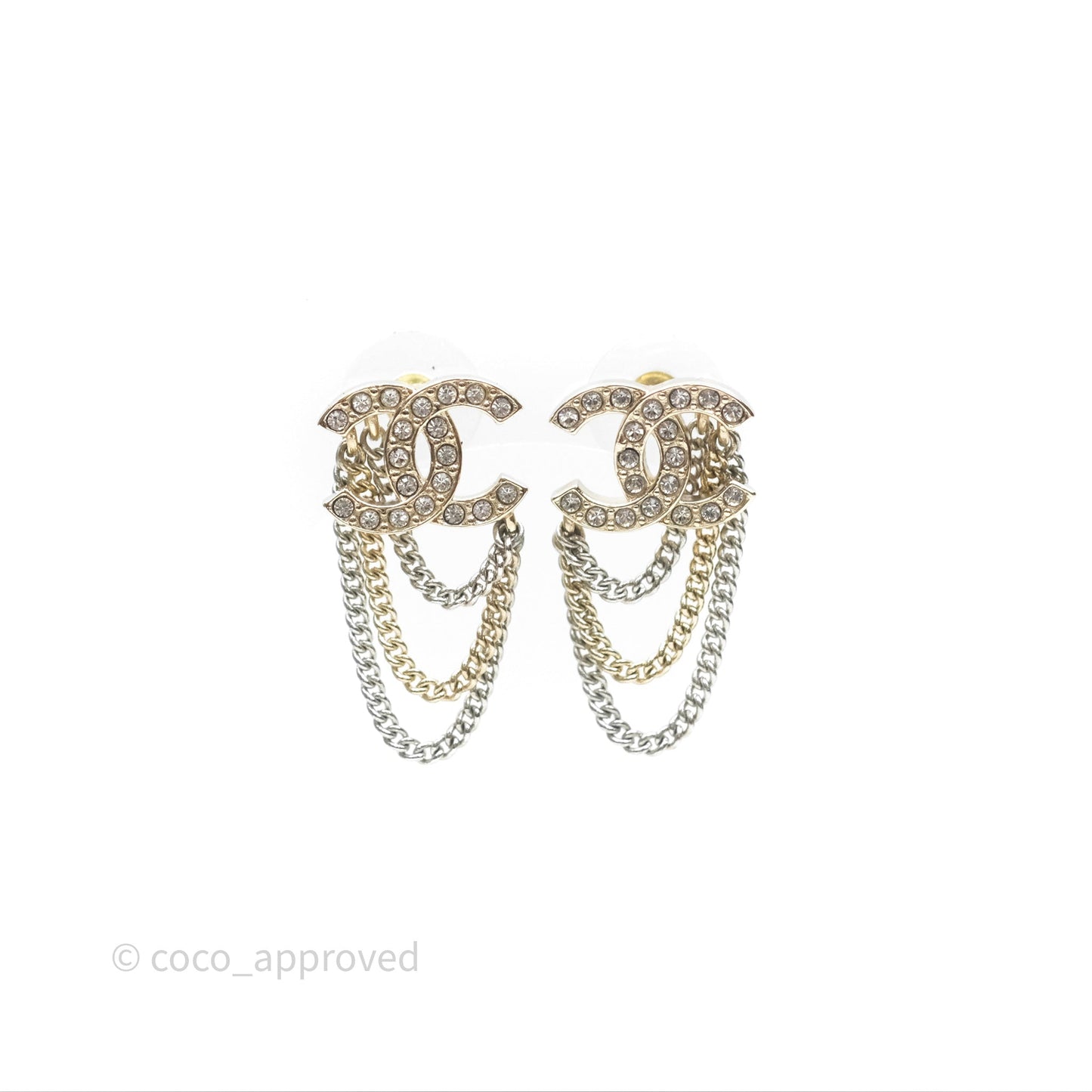 Chanel CC Crystals Chains Drop Earrings Gold Tone 21B