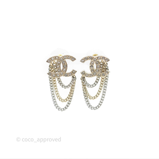 Chanel CC Crystals Chains Drop Earrings Gold Tone 21B