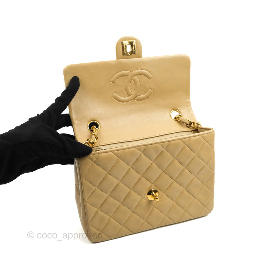 Chanel Vintage Square Flap Bag Beige Lambskin 24K Gold Hardware