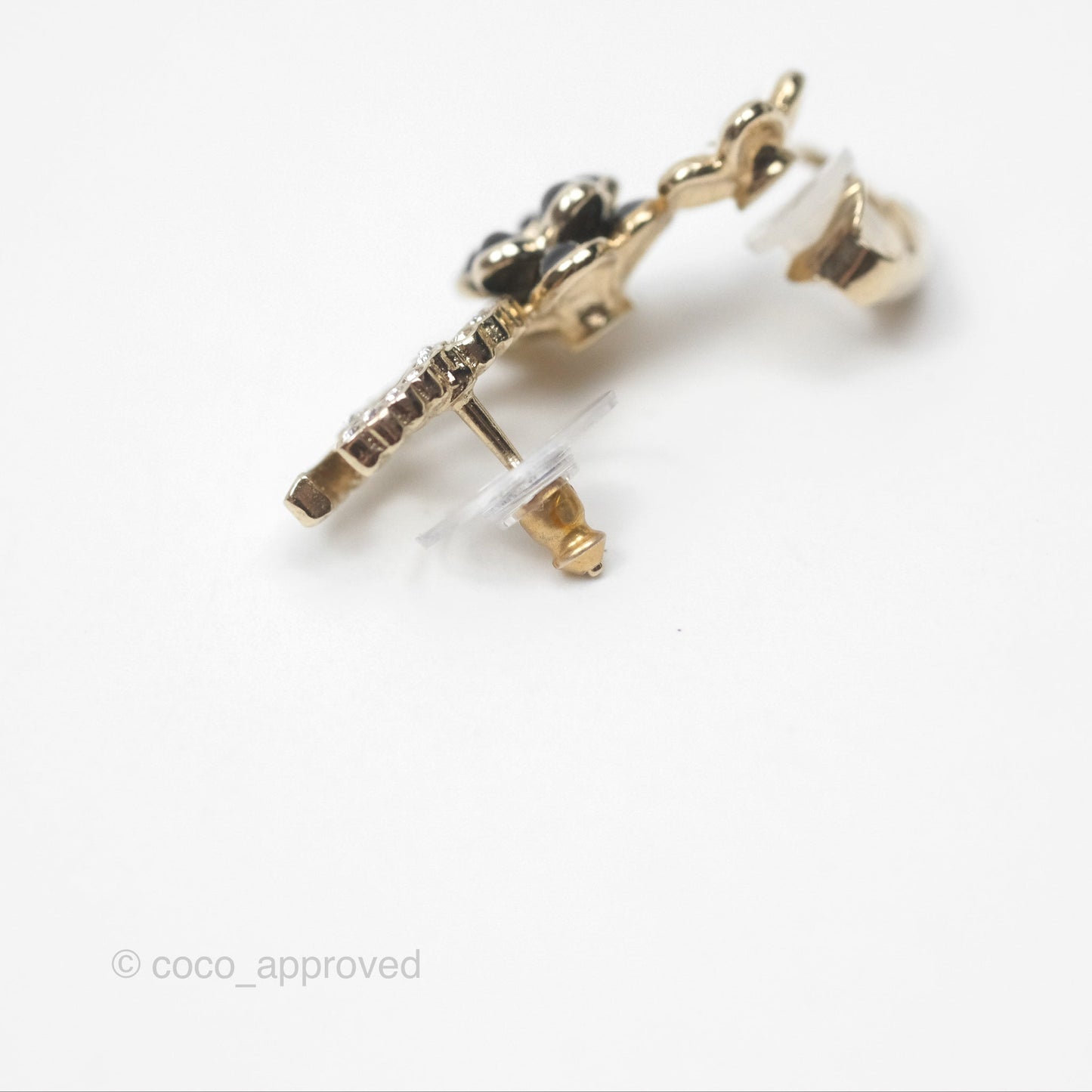 Chanel Crystal CC Black White Flower Earrings Ear Clip Gold Tone 21C