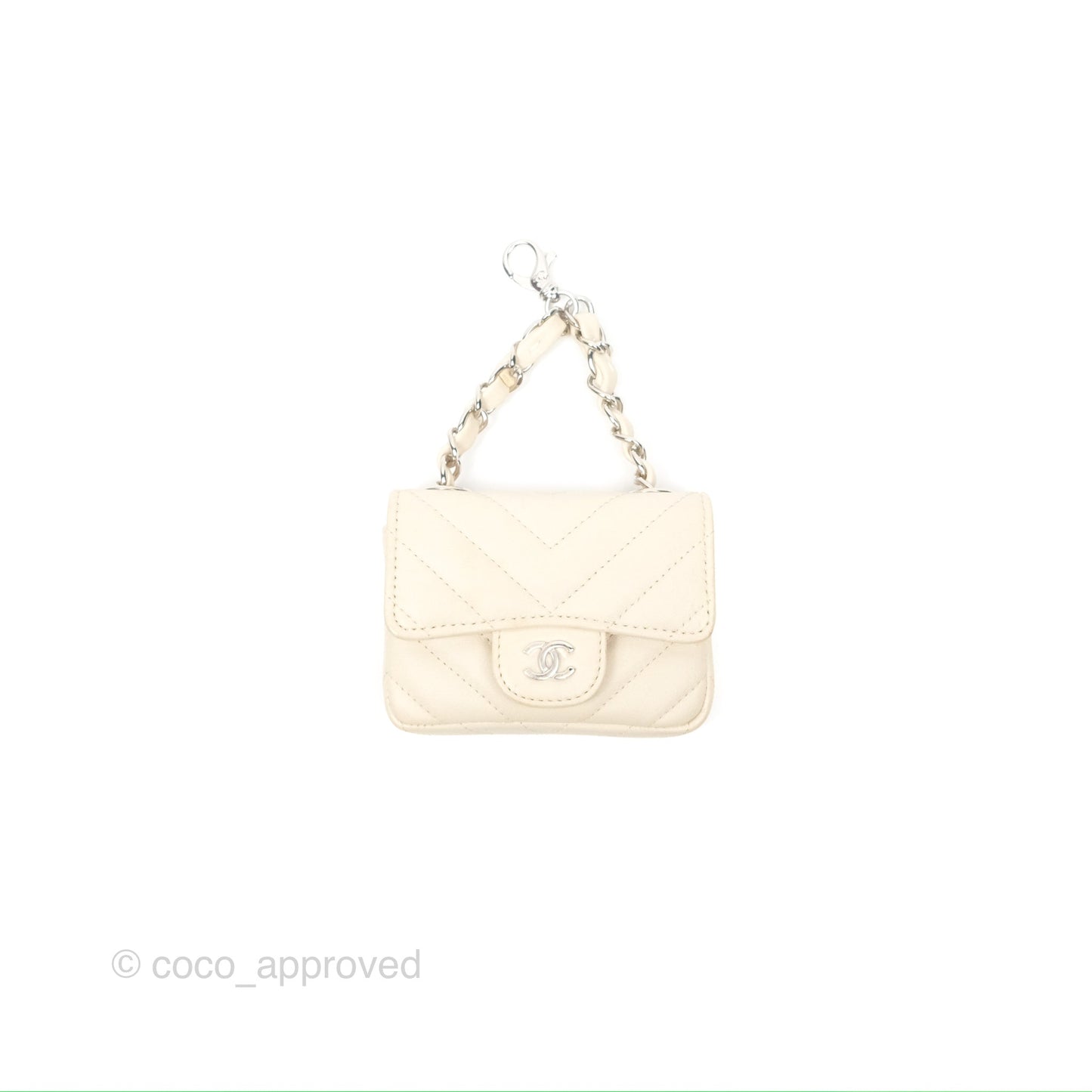 Chanel Mini Card Holder Chain Belt Bag Chevron Ivory Calfskin Silver Hardware