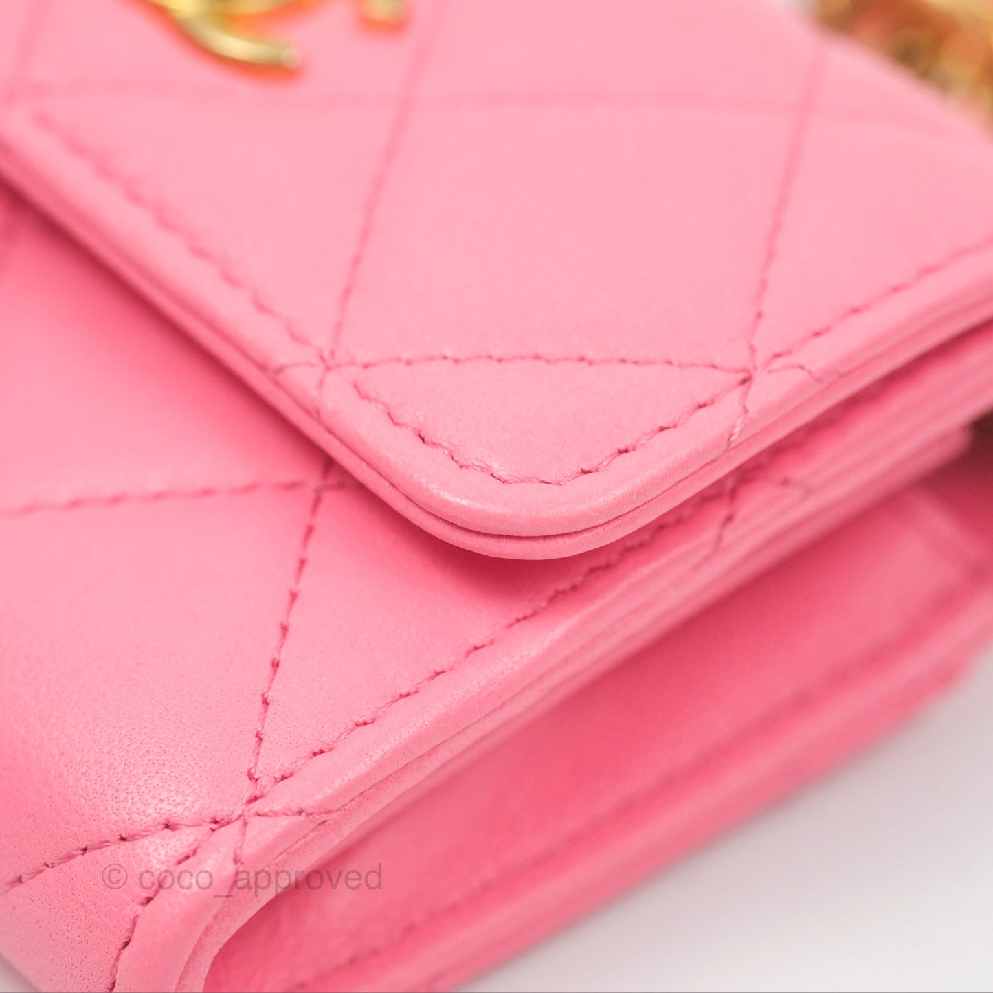Chanel Pearl Crush Mini Clutch With Chain Pink Lambskin Aged Gold Hardware