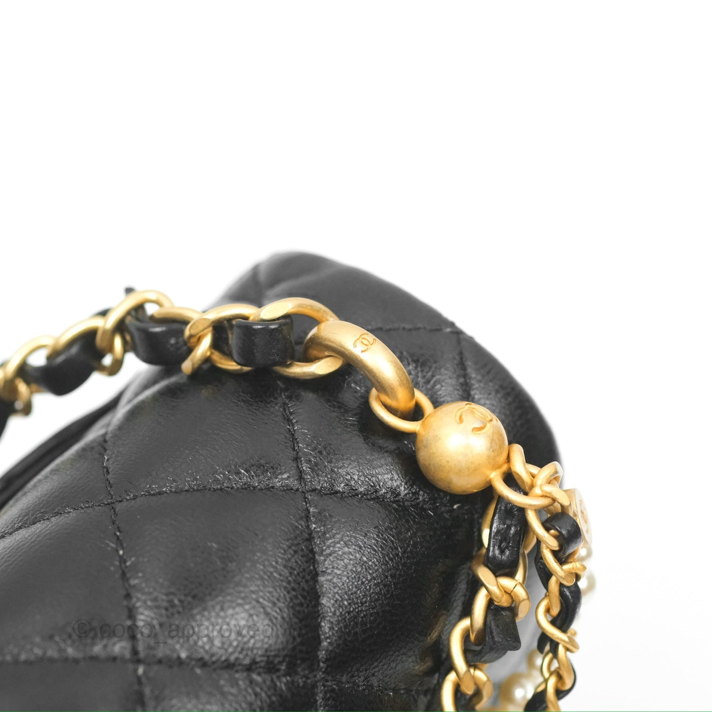 Chanel Mini Flap Bag with Pearl Chain Black Shiny Lambskin Aged Gold Hardware 24P