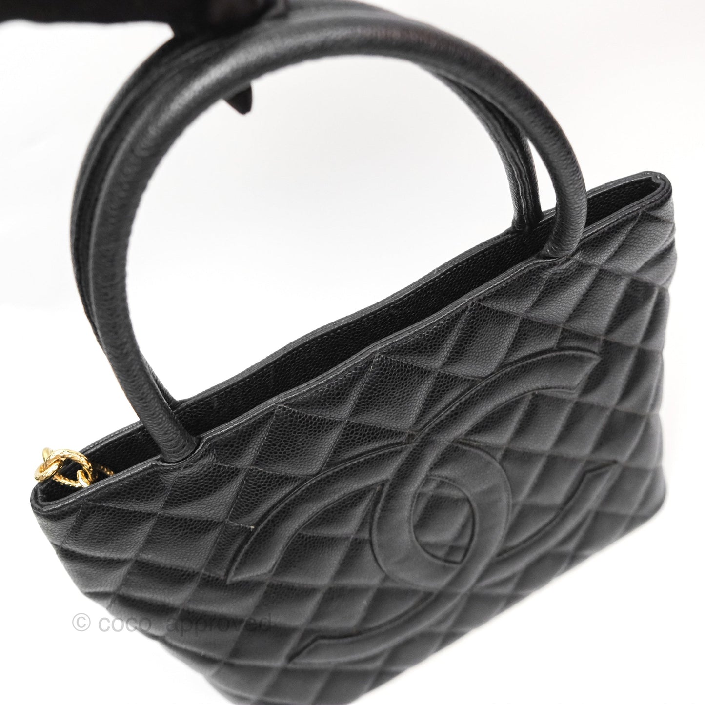 Chanel Vintage Medallion CC Black Caviar Tote Bag Gold Hardware