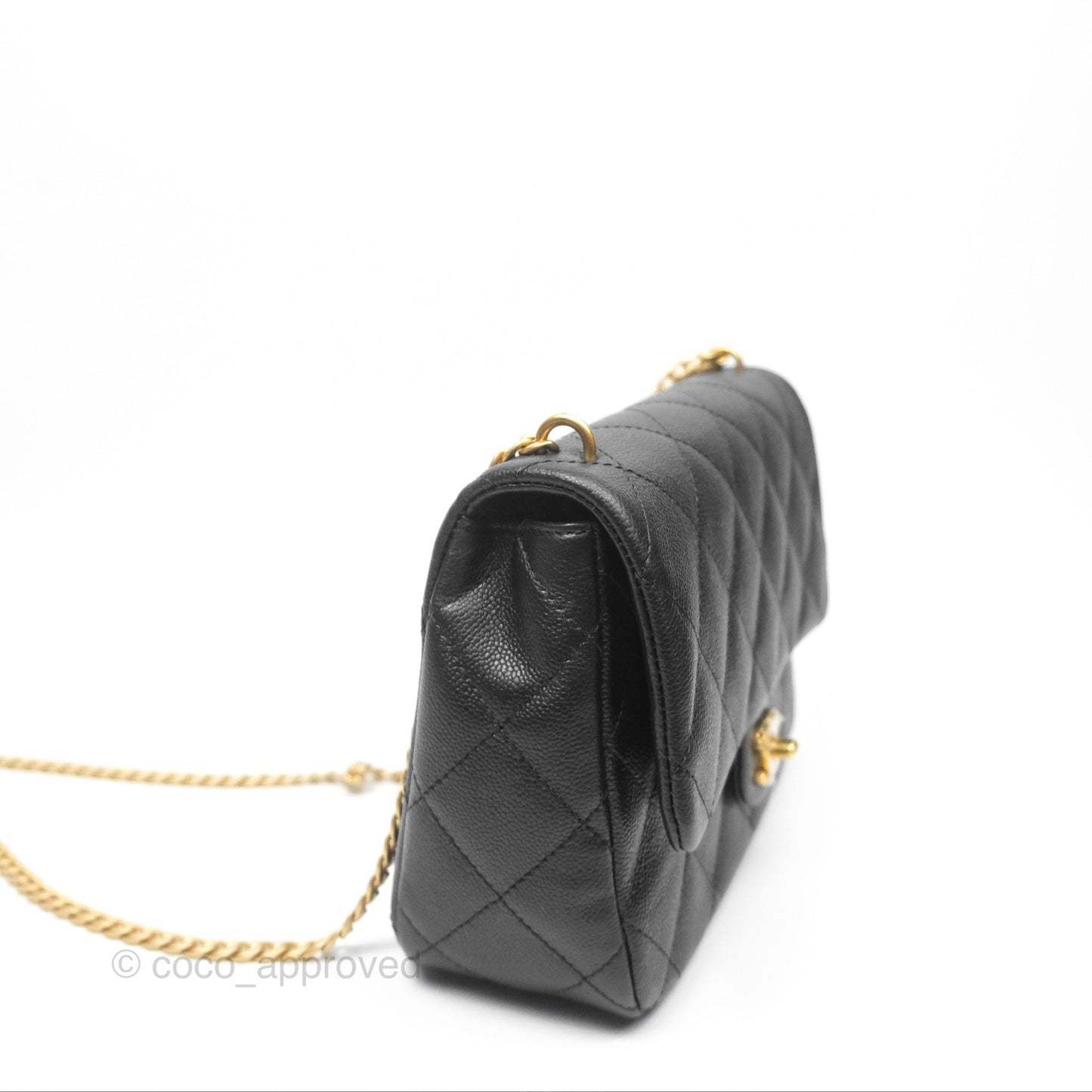 Chanel Large Flap Bag Heart Adjustable Chain Black Caviar Aged Gold Hardware