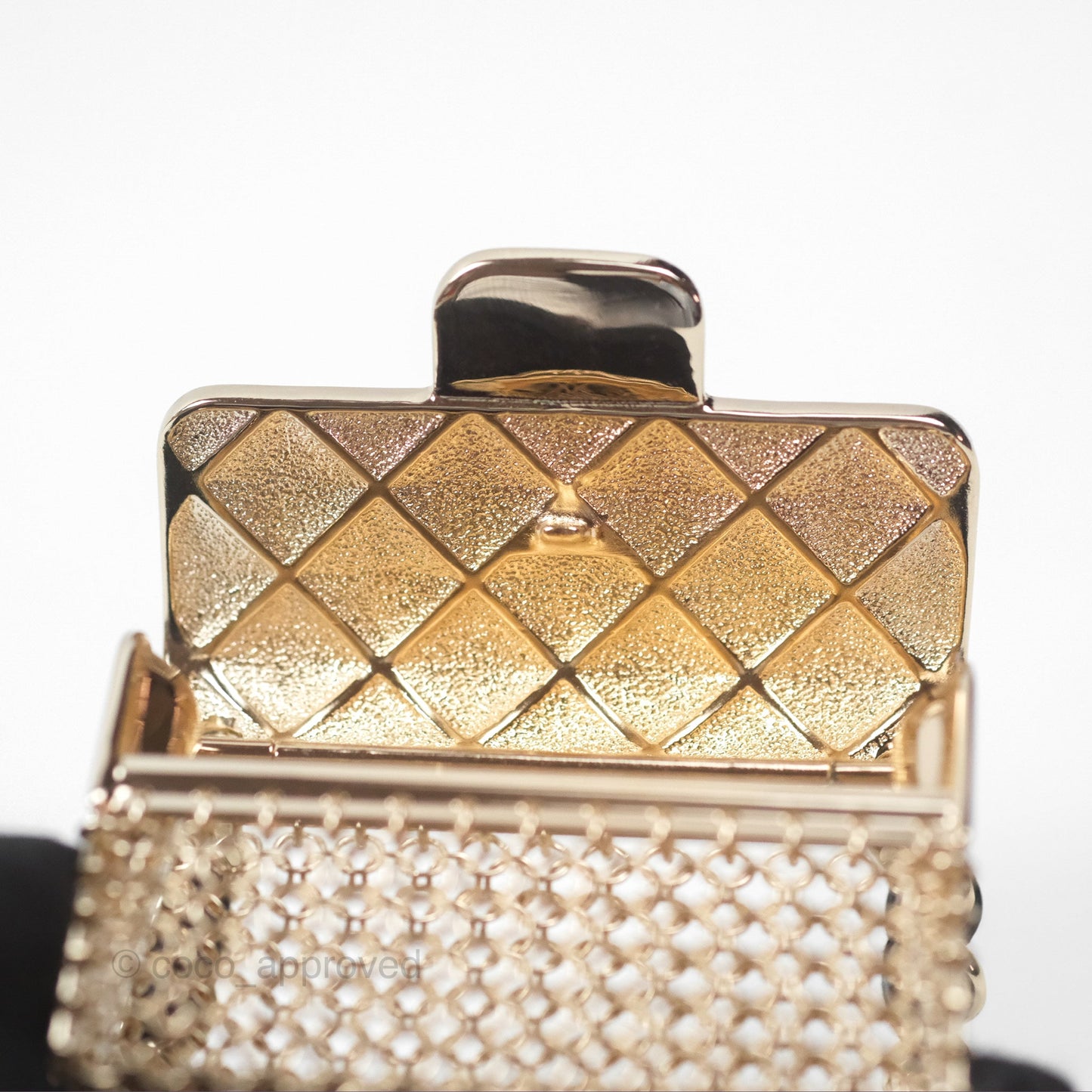 Chanel Flap Bag Charm Black Leather Chain Necklace Gold Tone 21S