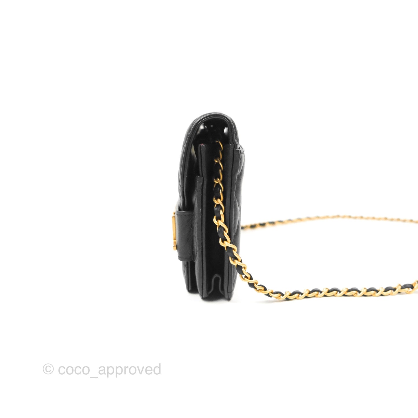 Chanel Logo Enchained Wallet On Chain WOC Black Calfskin Gold Hardware