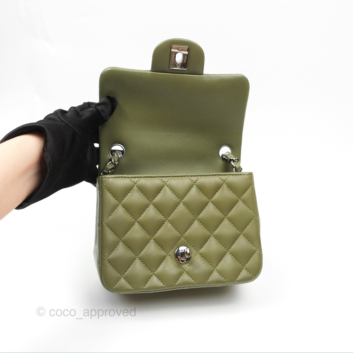 Chanel Mini Square Quilted Olive Green Lambskin Silver Hardware