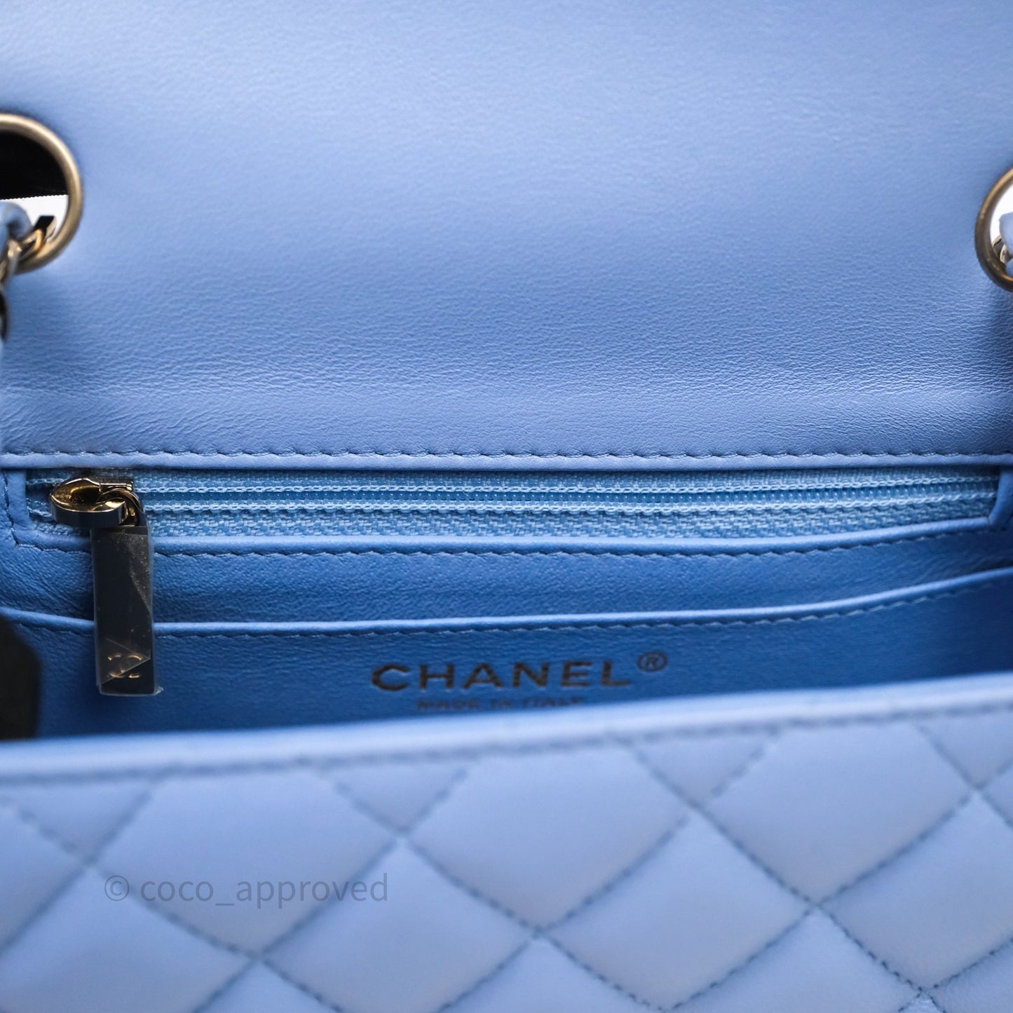 Chanel Mini Square Quilted Sky Blue Lambskin Gold Hardware