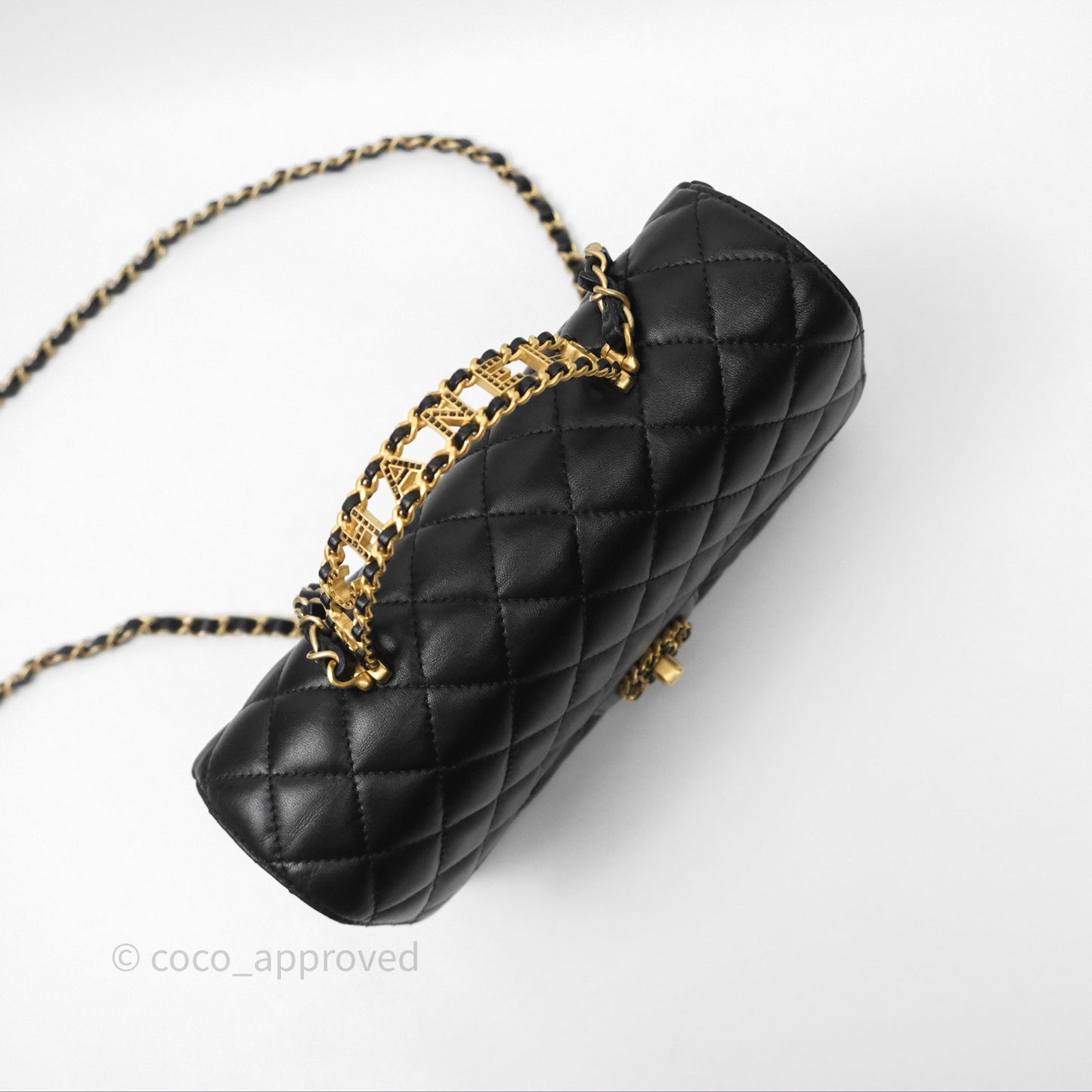 Chanel Logo Top Handle Small Flap Bag Black Lambskin Gold Hardware 24C