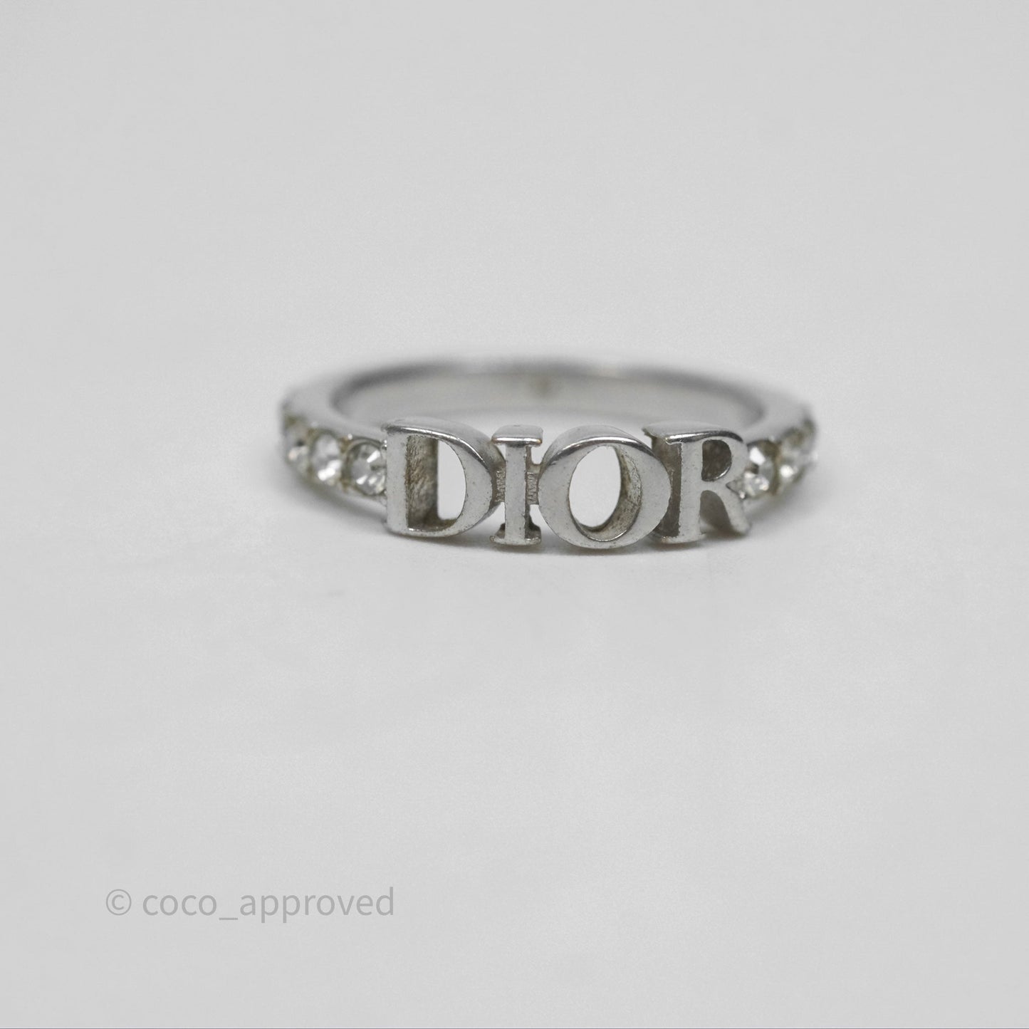 Christian Dior Crystal Logo Ring Silver Tone Size M