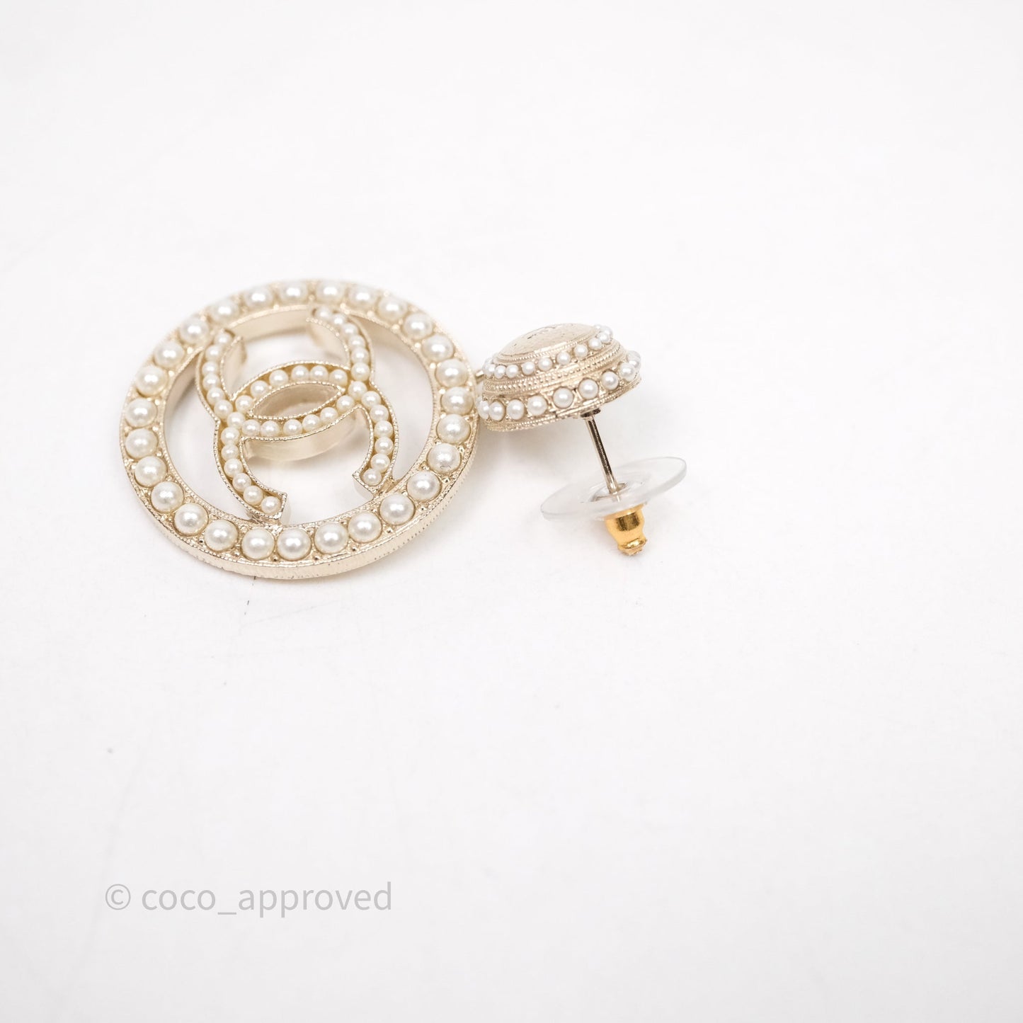 Chanel Pearl CC Round Drop Earrings Gold Tone 19V