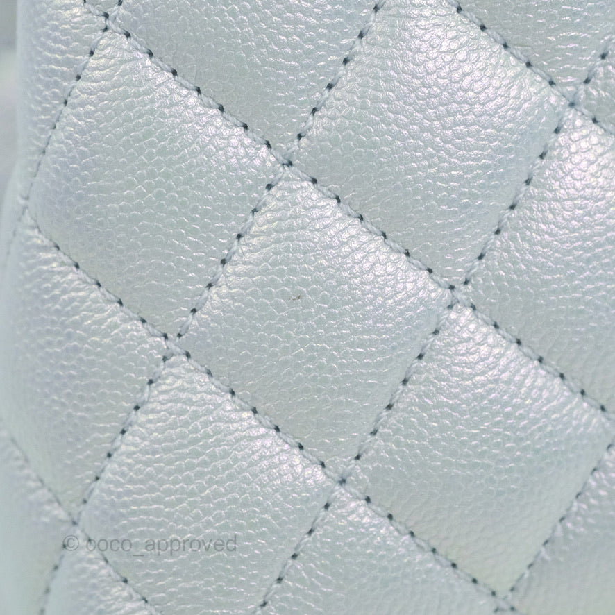 Chanel Small Coco Handle Quilted Iridescent Light Blue Caviar Rainbow Hardware