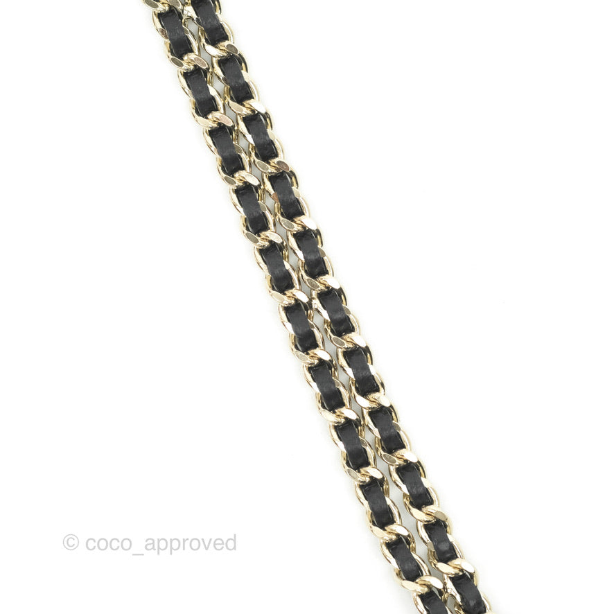 Chanel Black Leather Chain Braided Pearl Crystal CC Drop Choker Gold Tone 21B