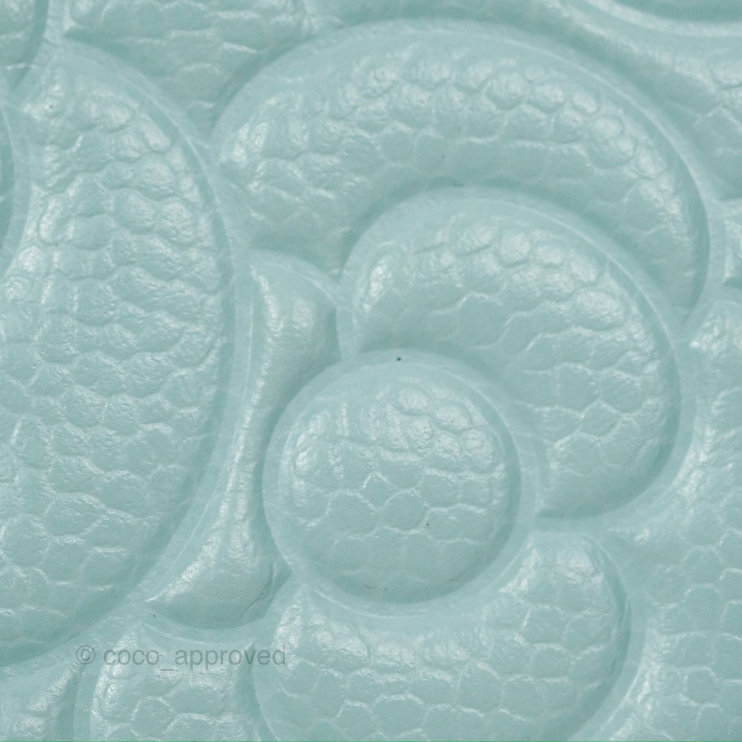 Chanel Camellia Embossed Round Clutch With Chain Light Tiffany Blue Caviar