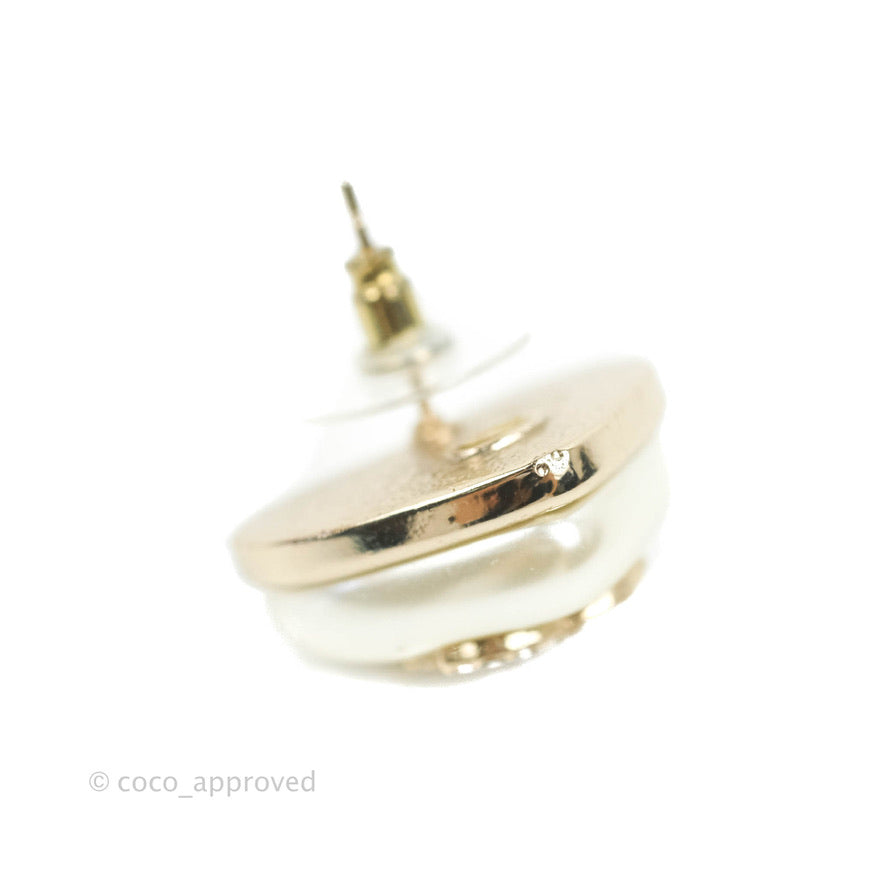 Chanel Crystal CC Pearl Heart Earrings Gold Tone 20A