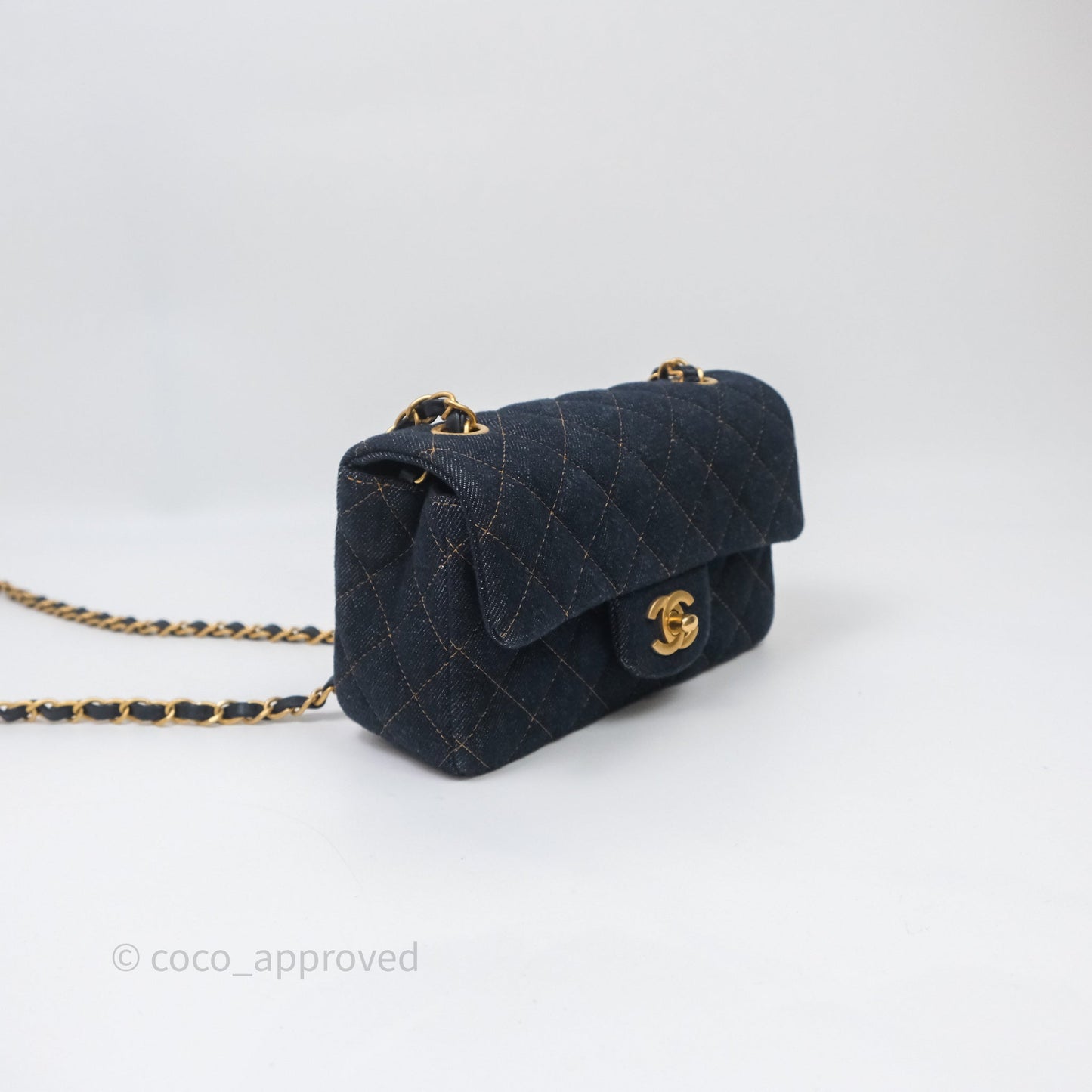 Chanel Mini Rectangular Quilted Dark Blue Denim Aged Gold Hardware