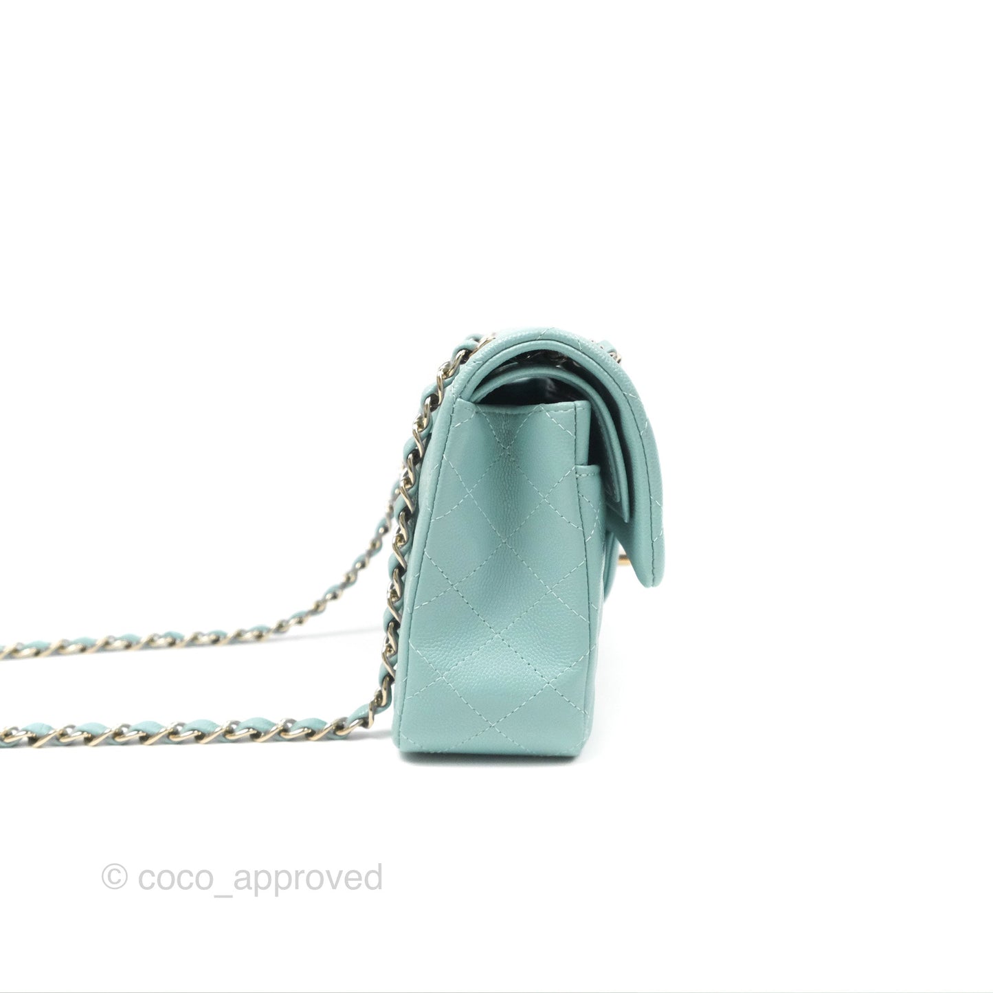 Chanel Small Classic Quilted Flap Tiffany Green Caviar Gold Hardware