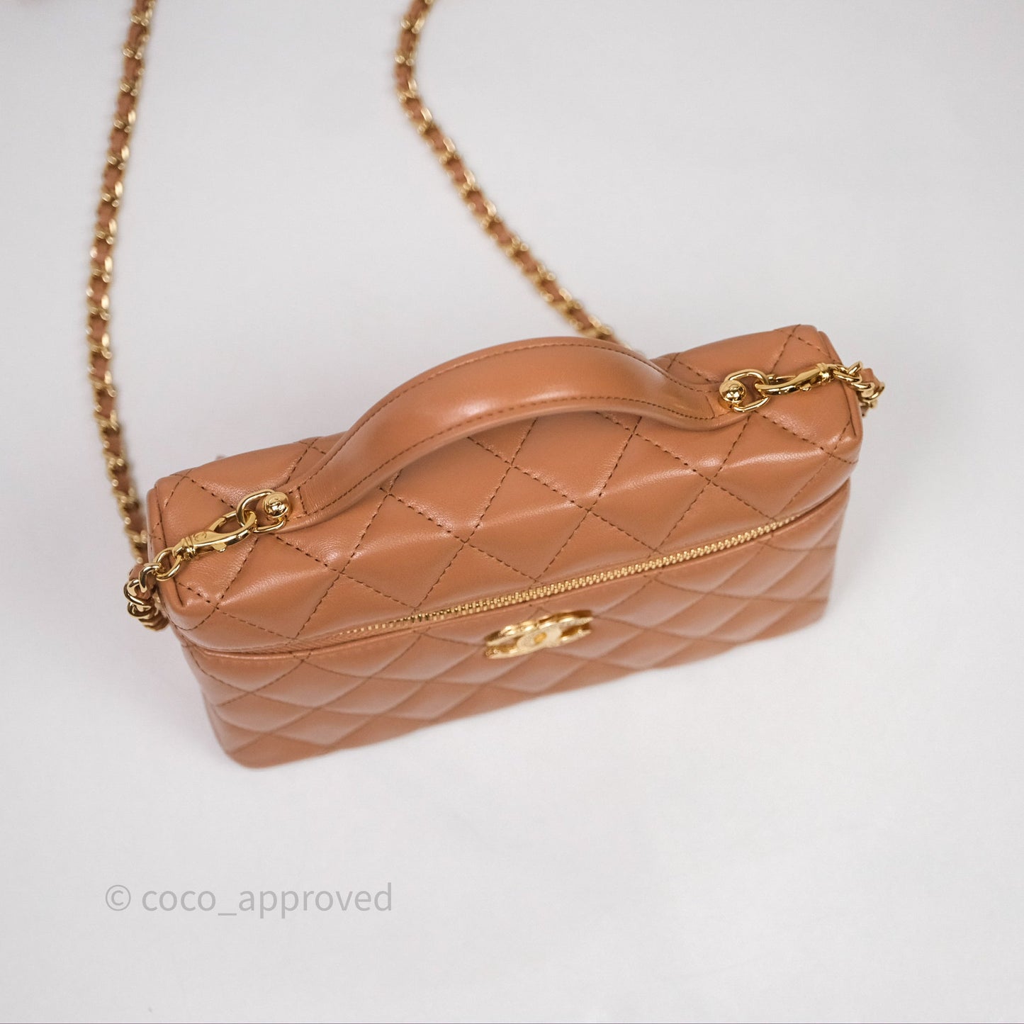 Chanel Top Handle Long Vanity with Chain Caramel Beige Lambskin Gold Hardware 25B