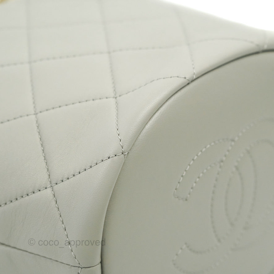 Chanel Quilted Drawstring Bucket Bag Grey Lambskin Gold Hardware 22C
