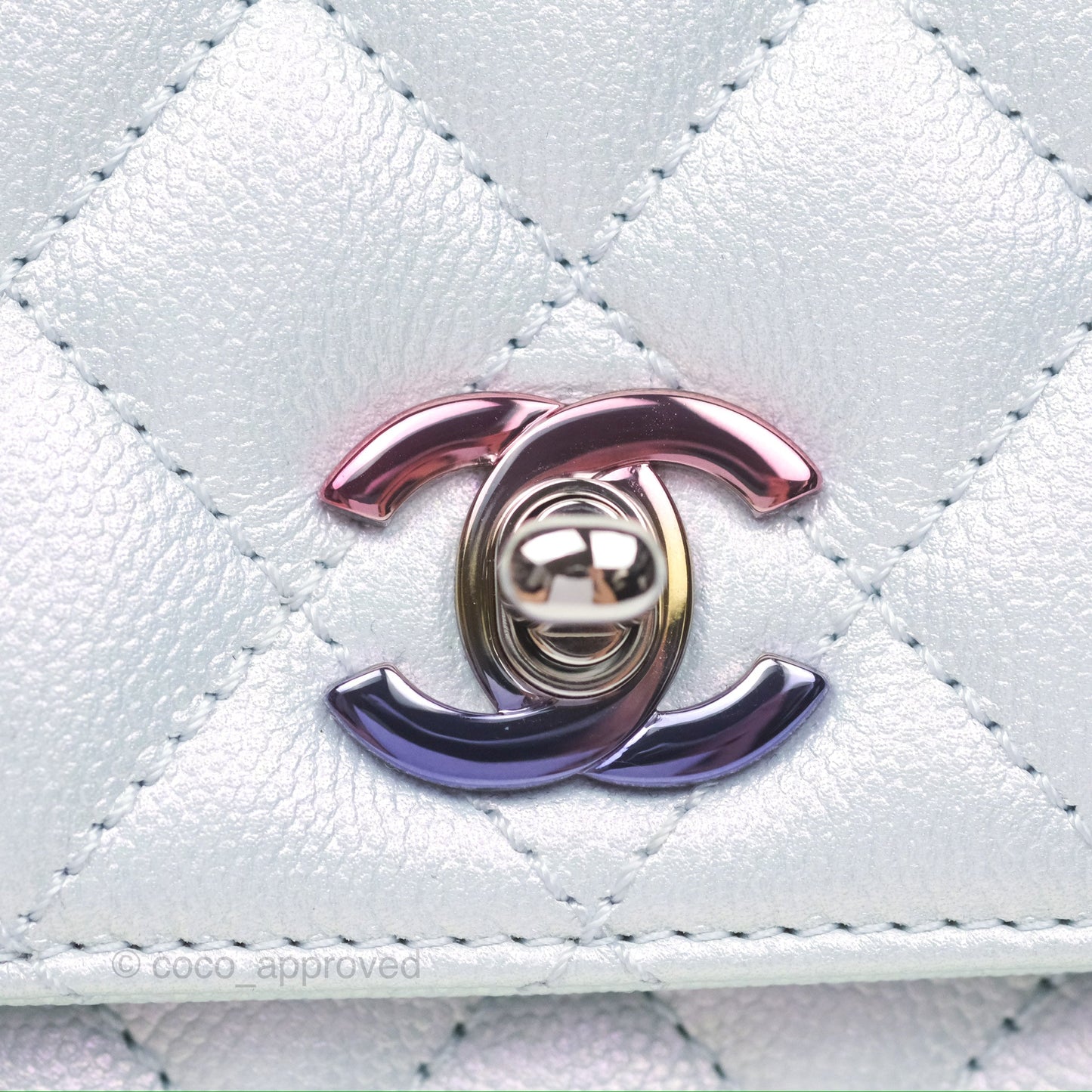 Chanel Mini Coco Handle Quilted Iridescent Light Blue Caviar Rainbow Hardware 21K