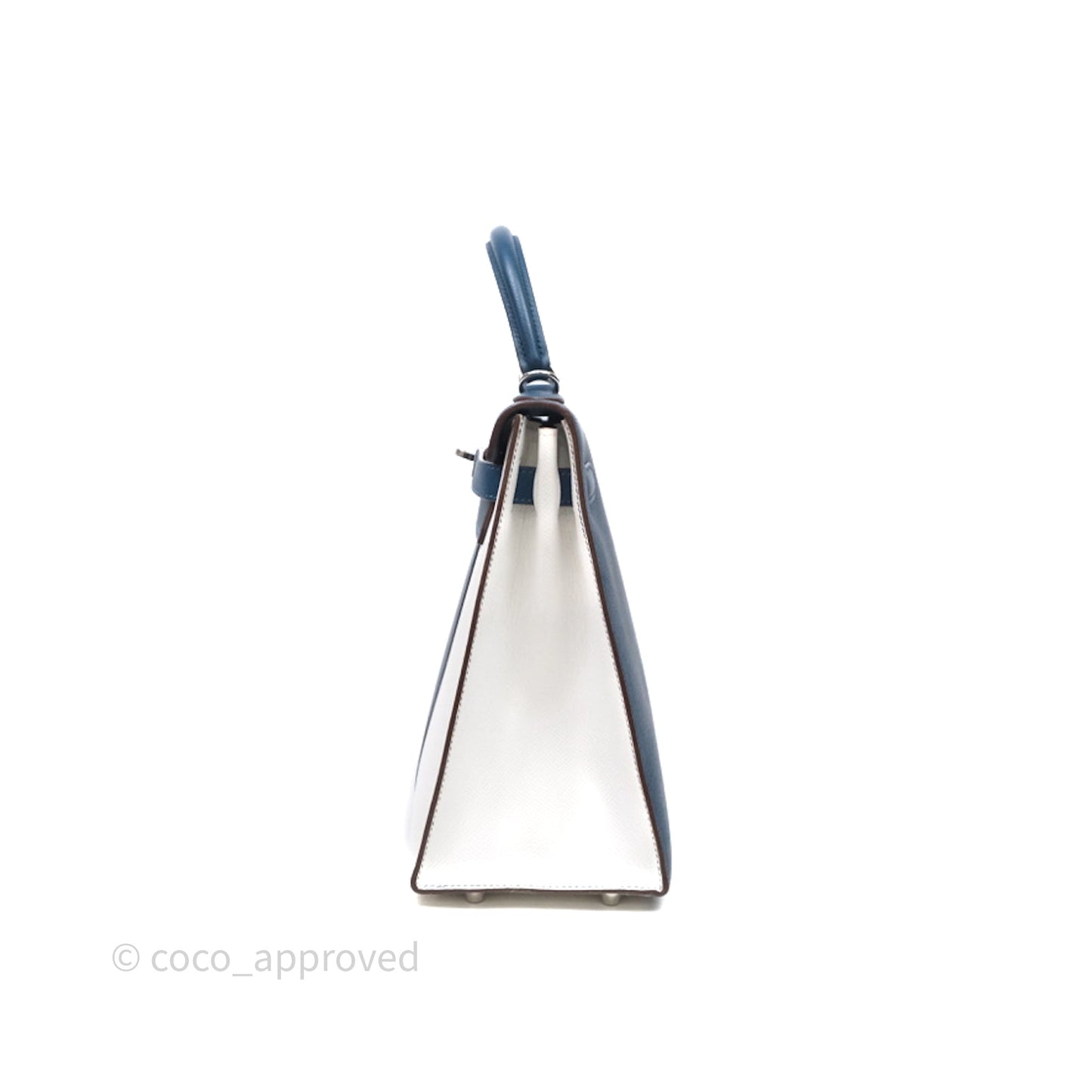 Hermès Kelly 32 Sellier Bleu Thalassa 7A/ White Epsom Palladium Hardware