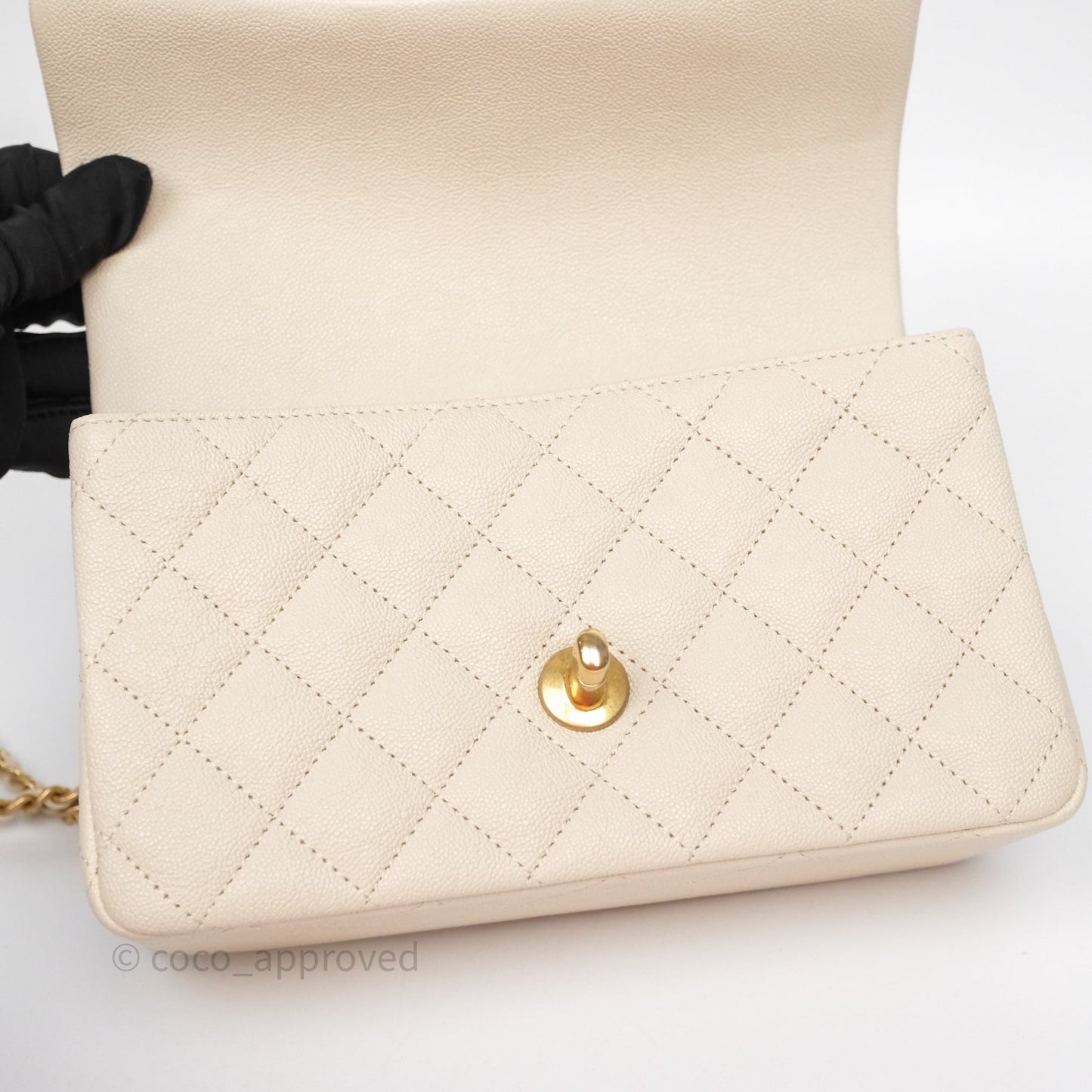 Chanel Top Handle Mini Rectangular Flap Bag Ivory Beige Caviar Gold Hardware