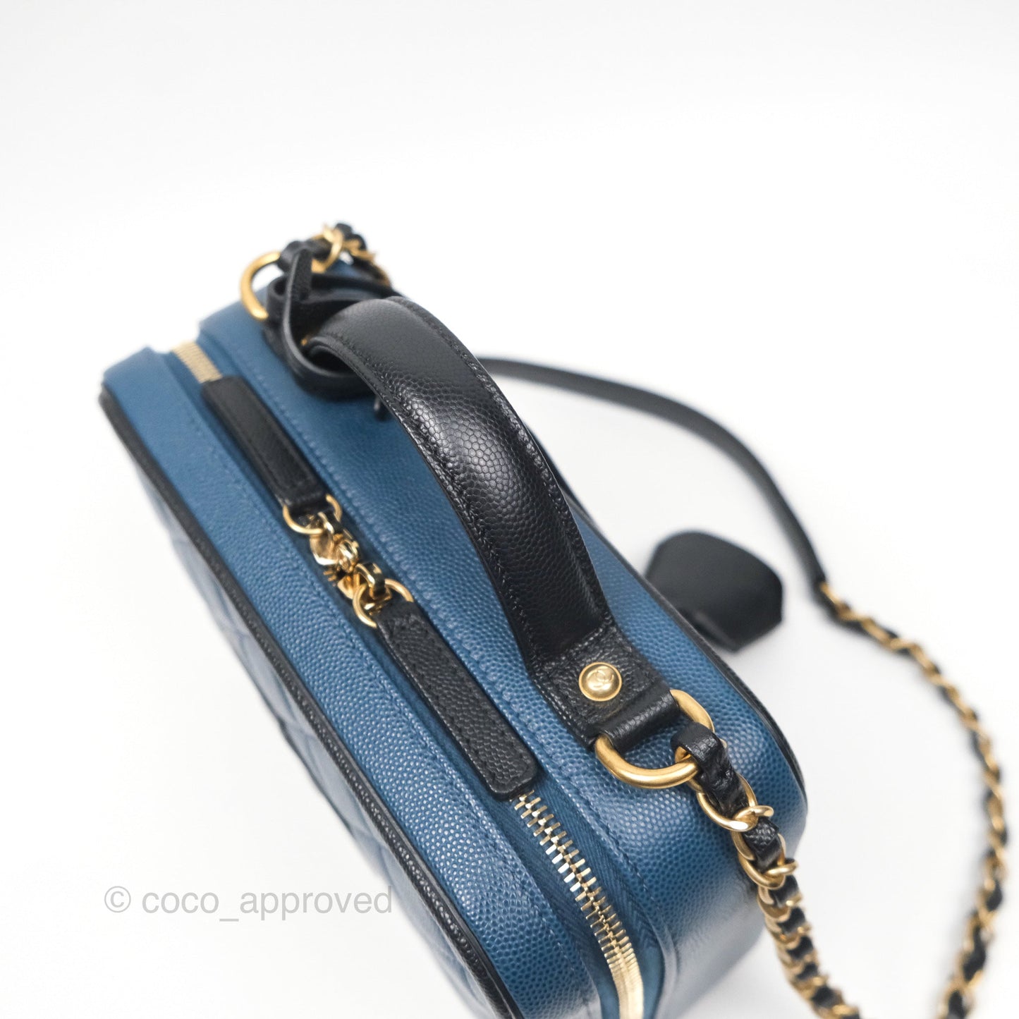 Chanel Quilted Medium CC Filigree Vanity Case Navy Black Caviar Aged Gold Hardware