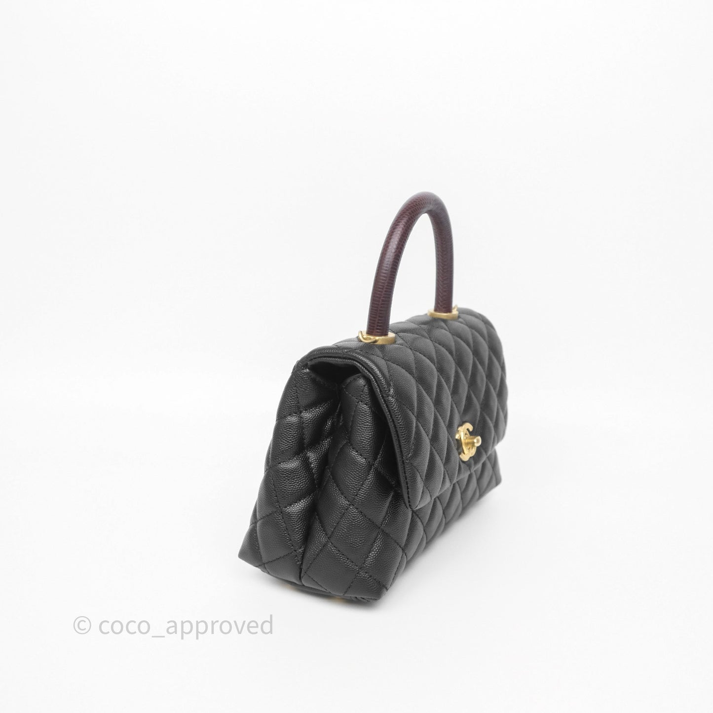 Chanel Small Coco Handle Quilted Black Caviar Aged Gold Hardware Lizard Handle