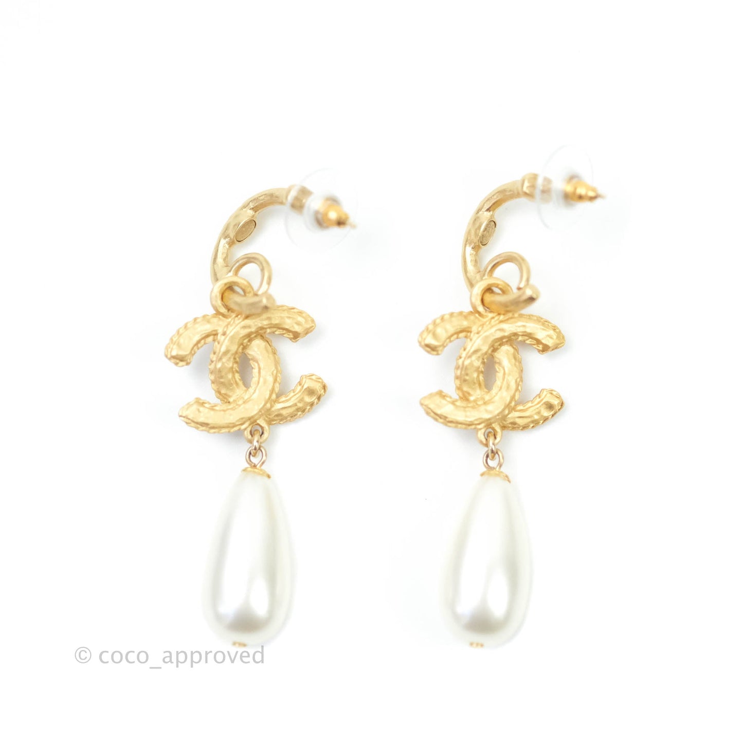Chanel CC Crystal Pearl Drop Crystal Earrings Matte Gold Tone 20P